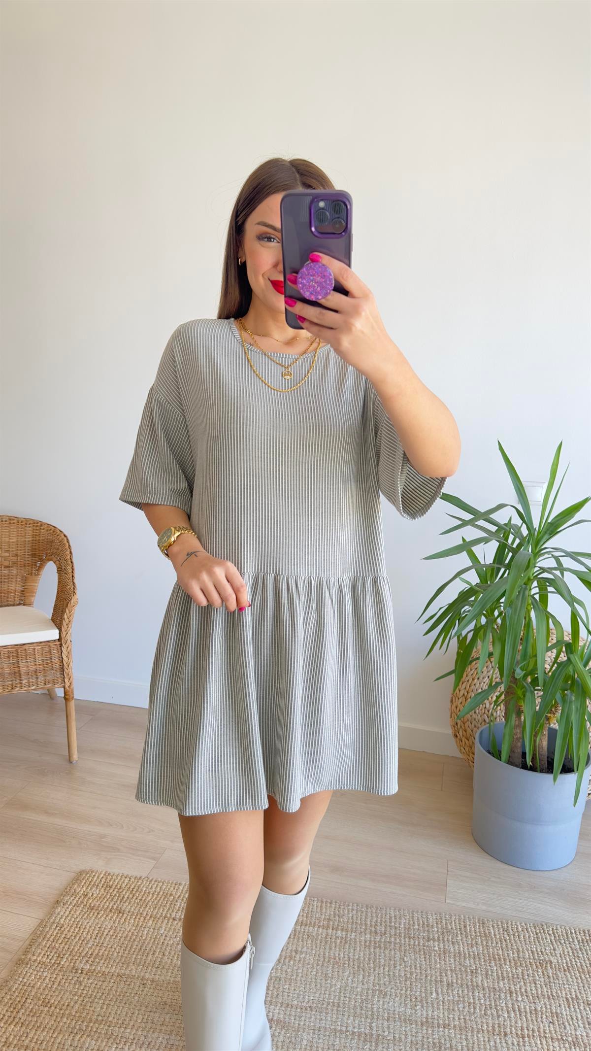 Çizgili Salaş Basic Elbise 