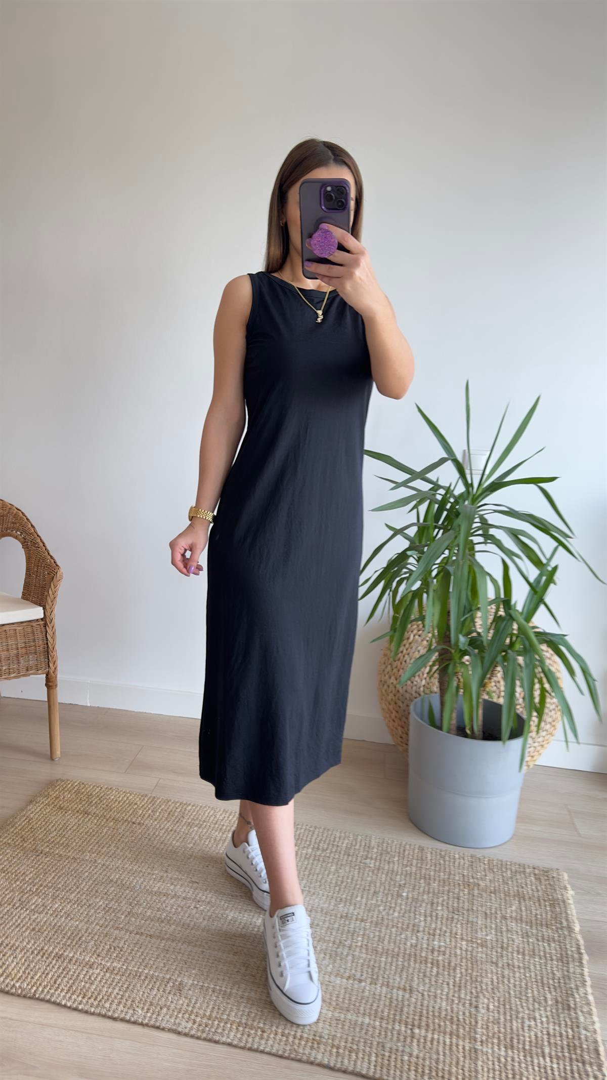 Woven Kolsuz Siyah Basic Elbise 