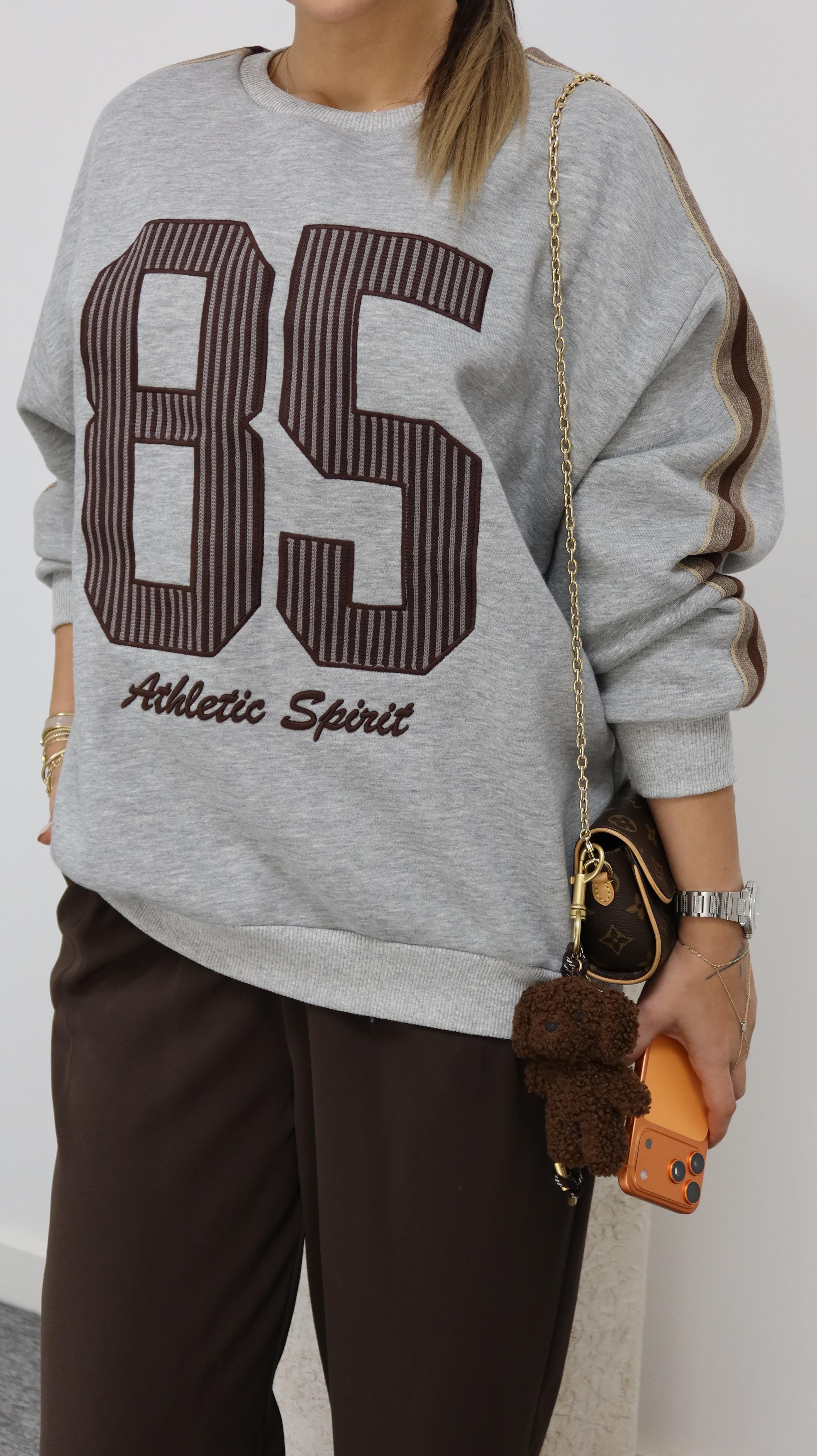 85 Yazılı Kollar Şerit Detaylı Gri Sweatshirt