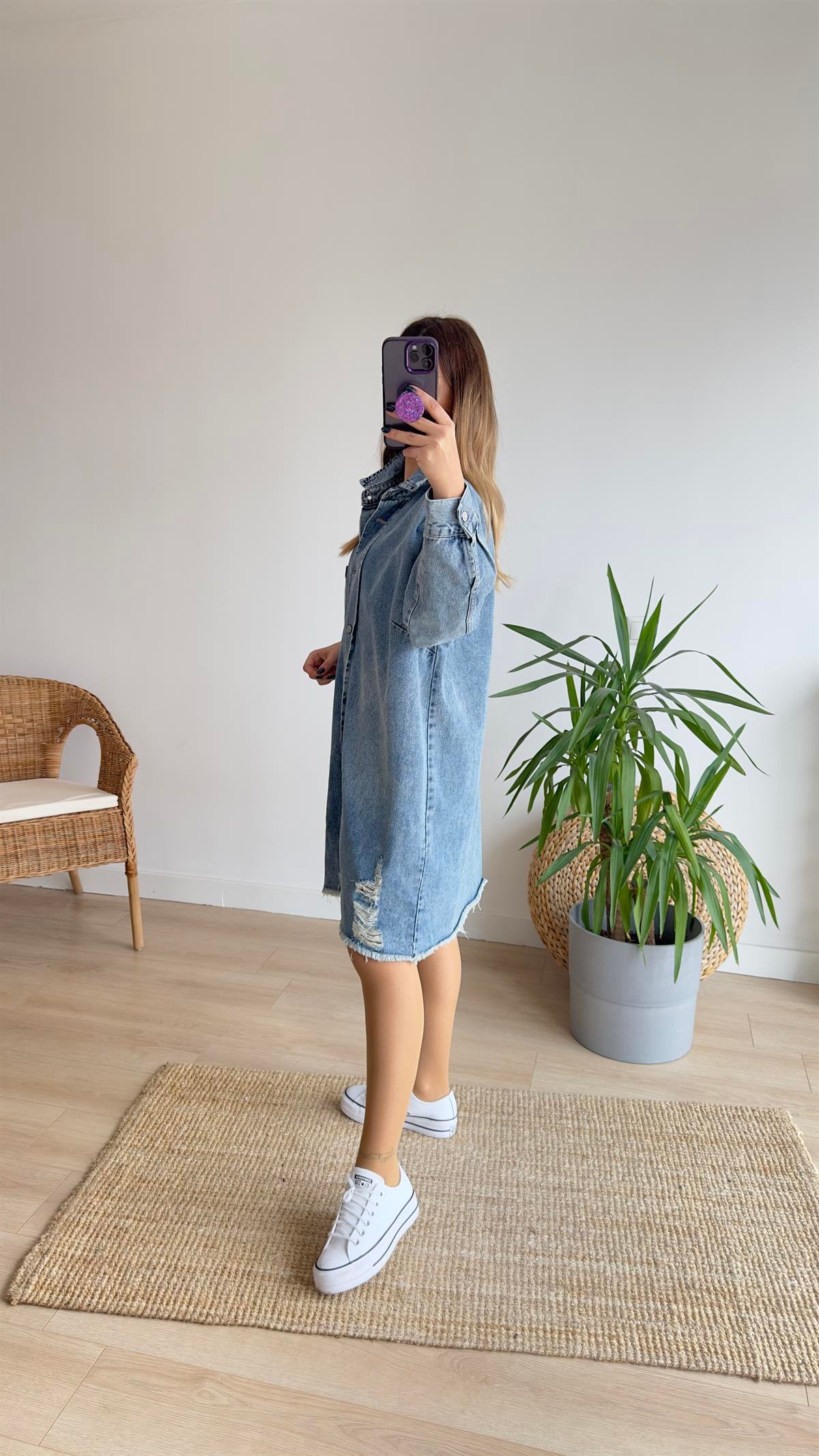 Yırtıklı Salaş Denim Elbise 
