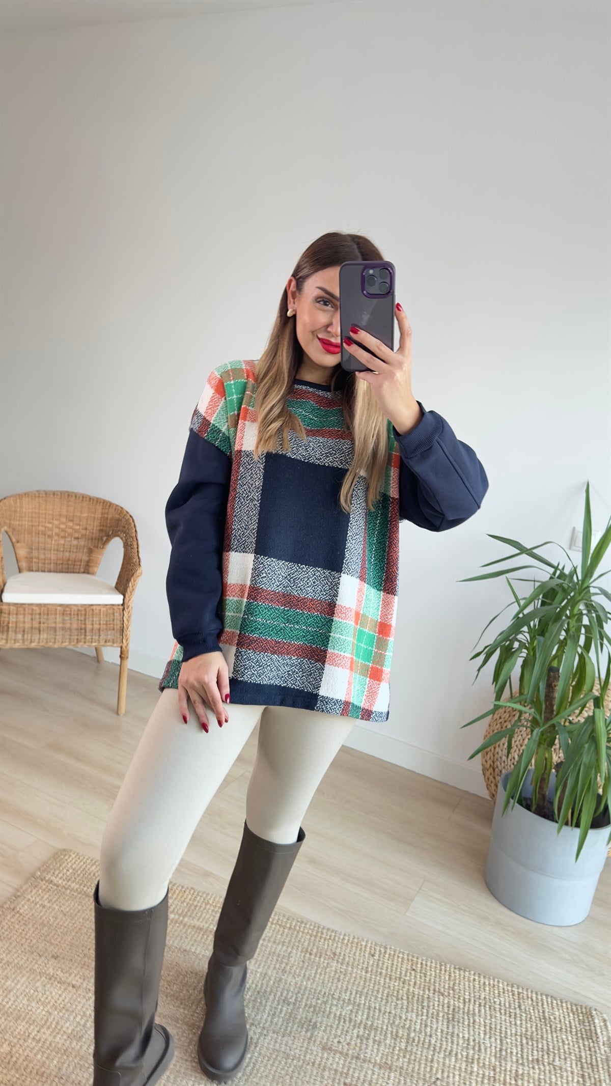 Yeşil Ekose Desen Kolları Düz Salaş Sweat