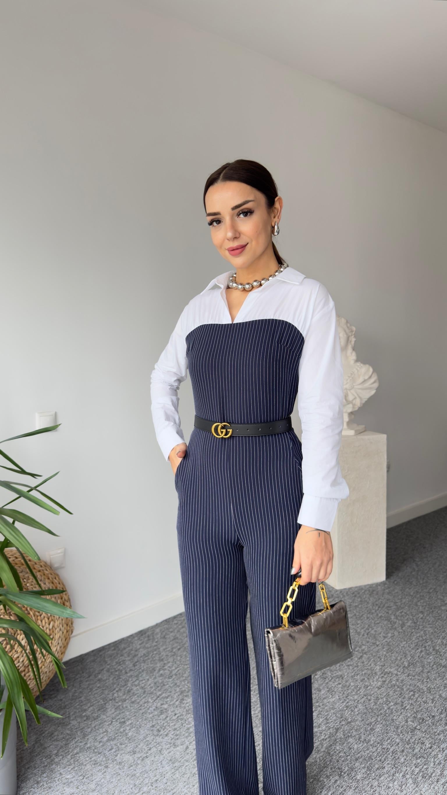 Navy Gömlek Garnili Çizgili Tulum