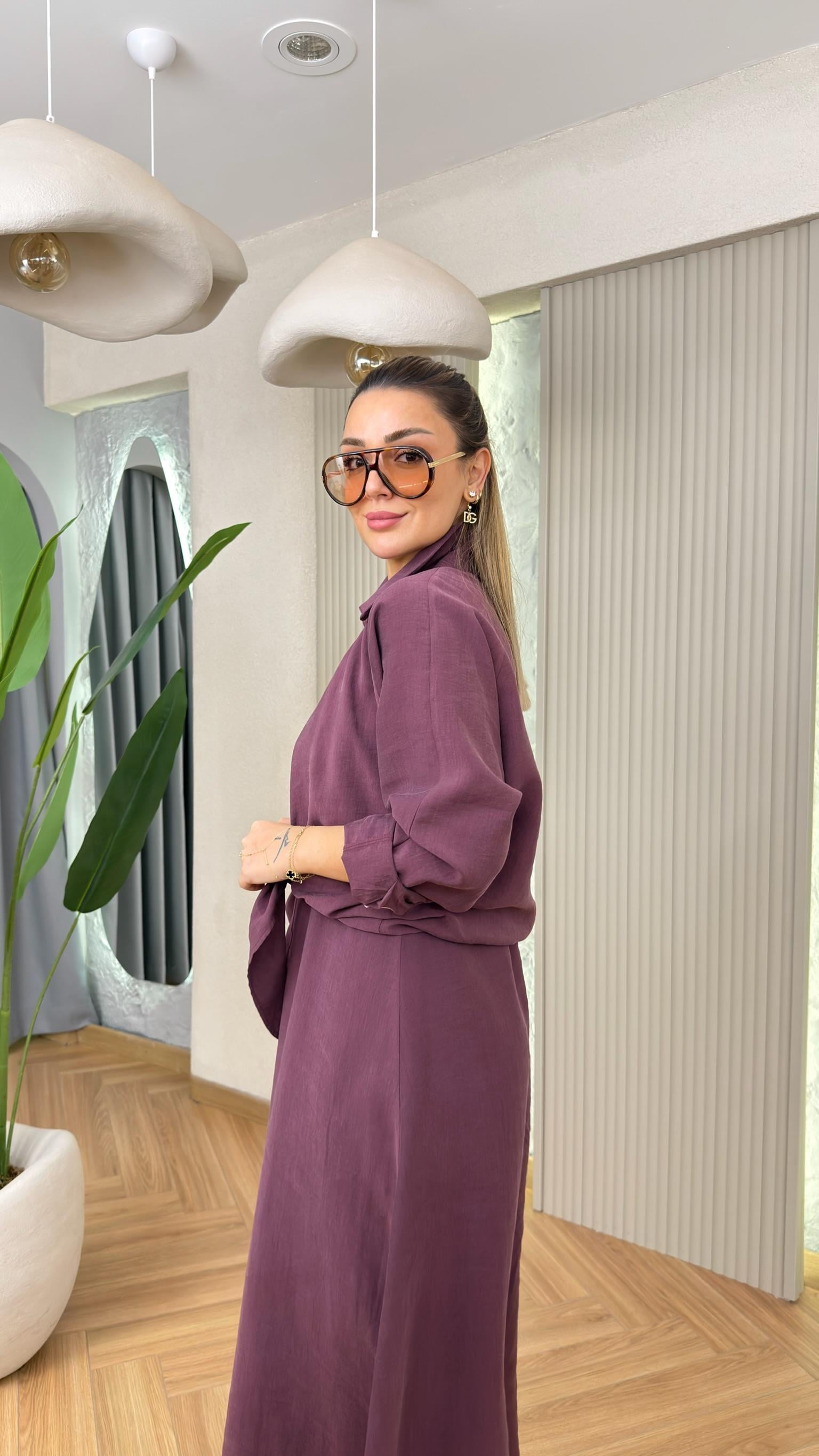 Bordo Muila Bağlamalı Gömlek Elbise Tensel Takım