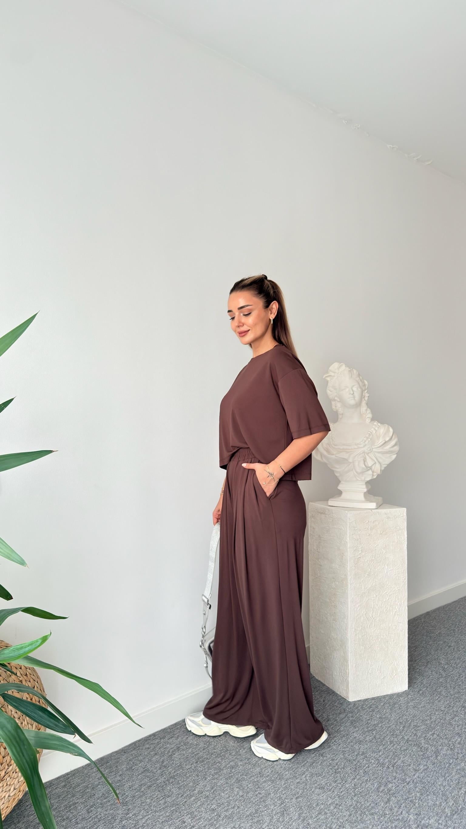 Kahve Gablit Pile Detaylı İkili Takım