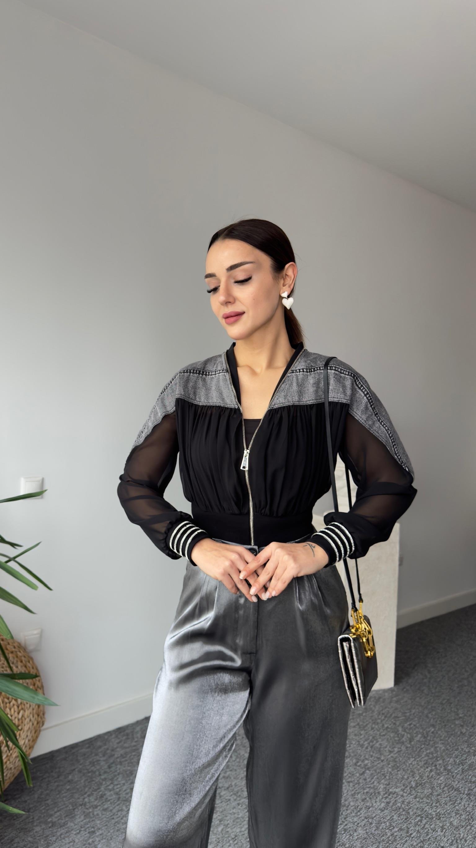 Gri Kot Detaylı Tasarım Tül Ceket