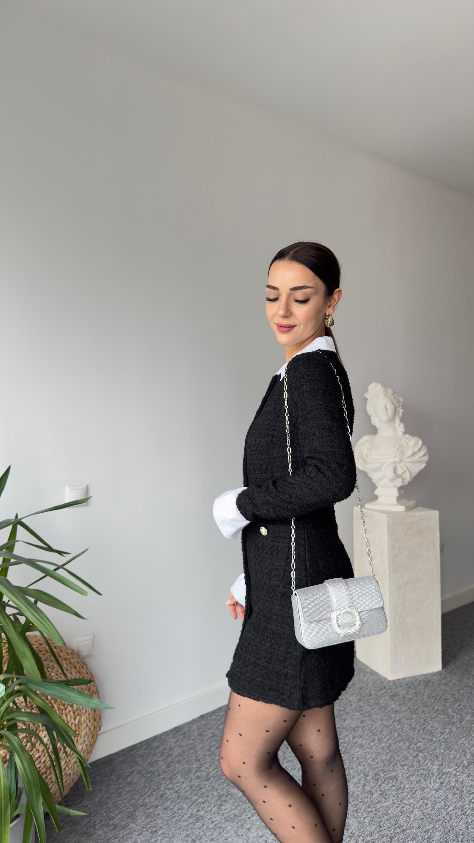 Helena Gömlek Yaka Siyah Tüvit Elbise