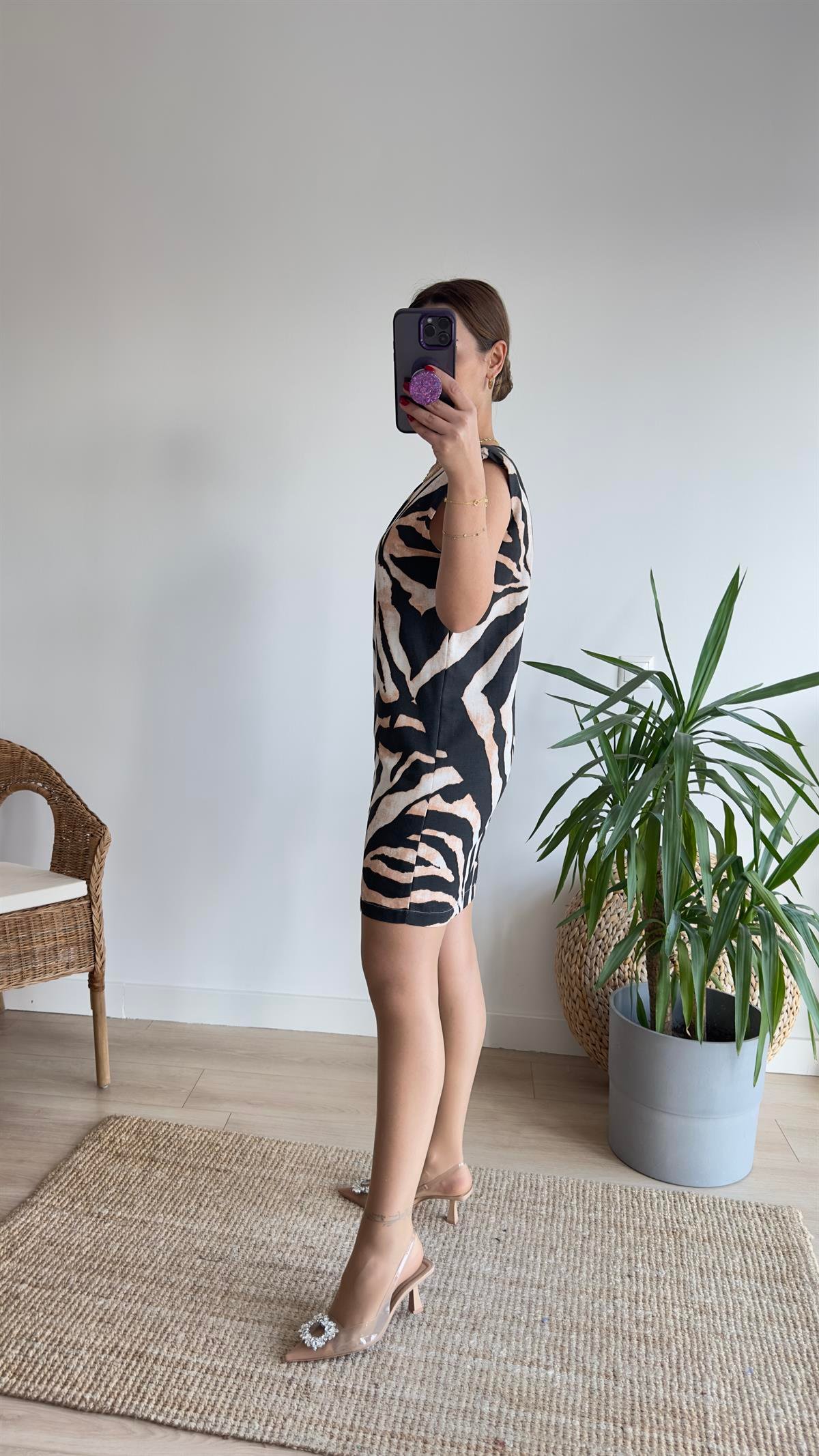 Laila Zebra Desen Vatkalı Elbise 