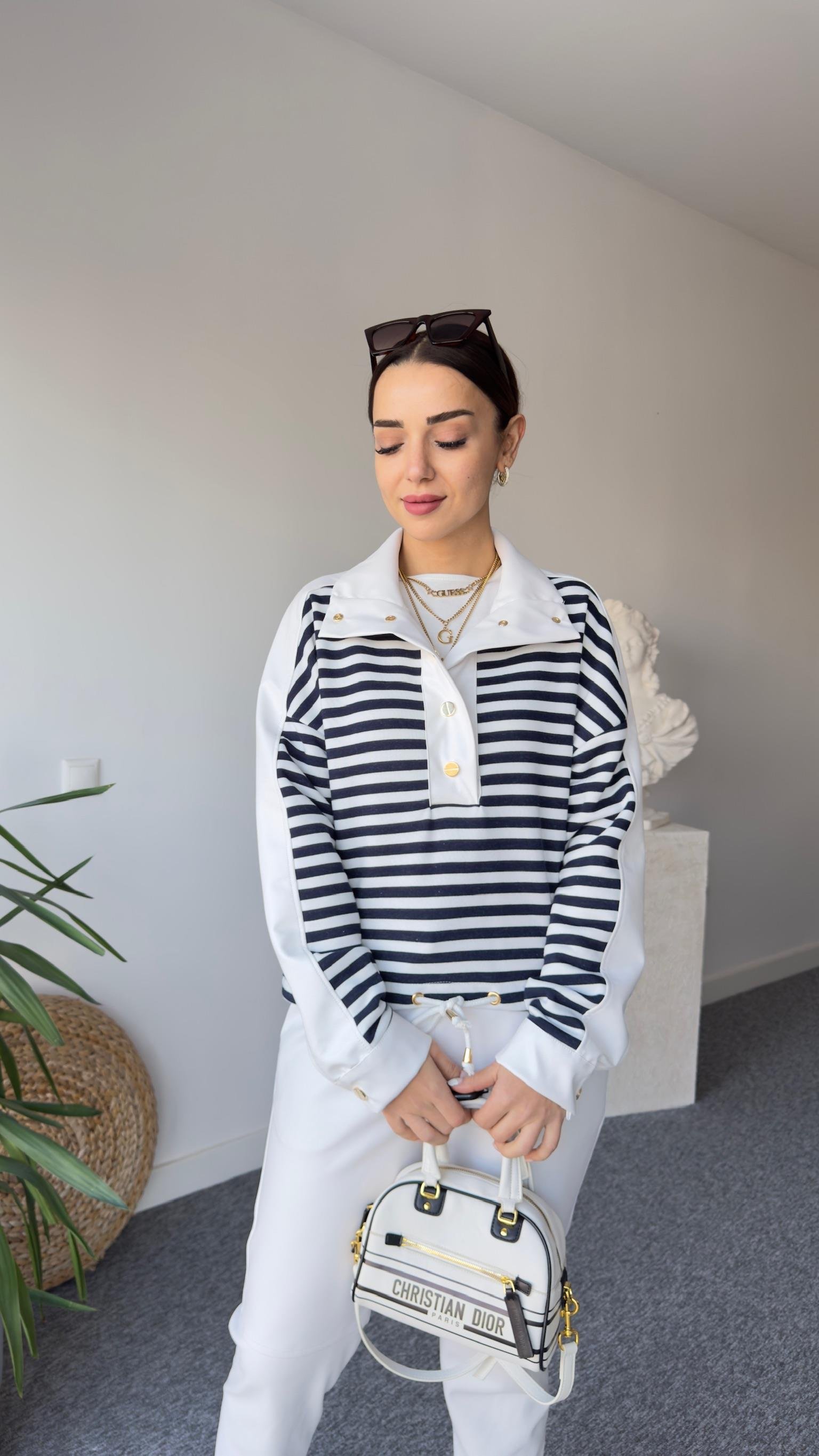 Deri Garnili Çizgili Sweatshirt