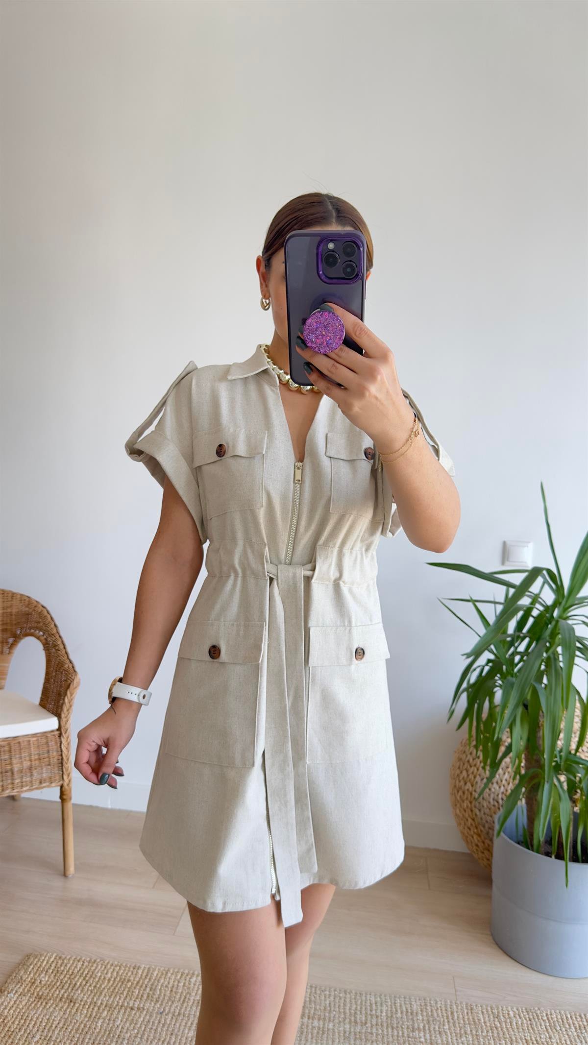 Givayo Zra Model Kuşaklı Keten Elbise 