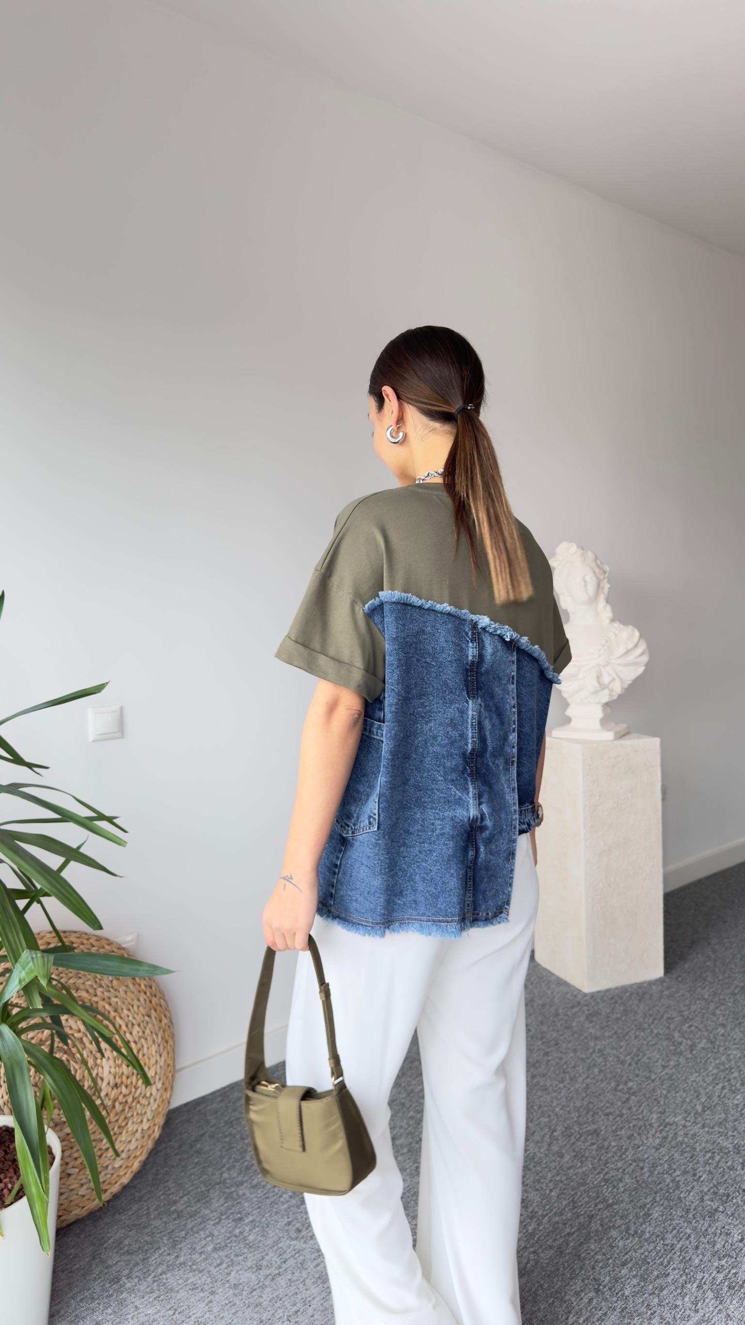 Asimetrik Kot Detaylı Haki Tshirt