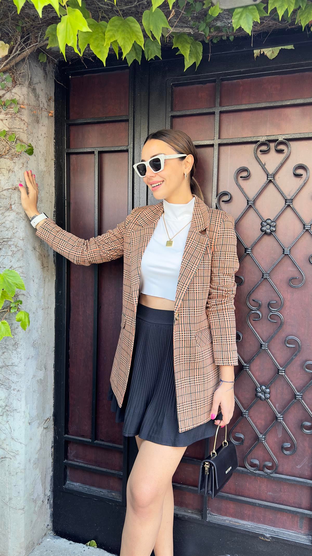 Tek Düğme Kahve Ekose Blazer Ceket