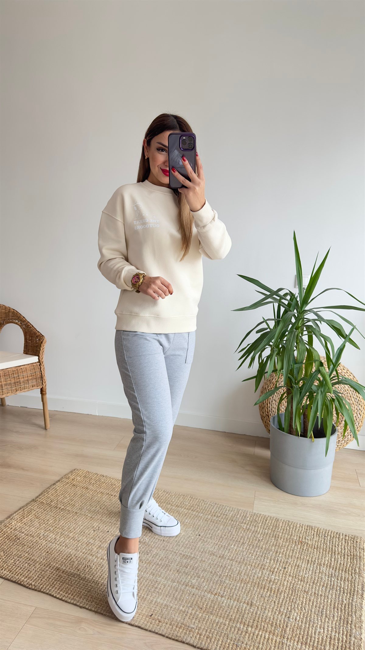 Snoopy Baskılı Bej Sweatshirt