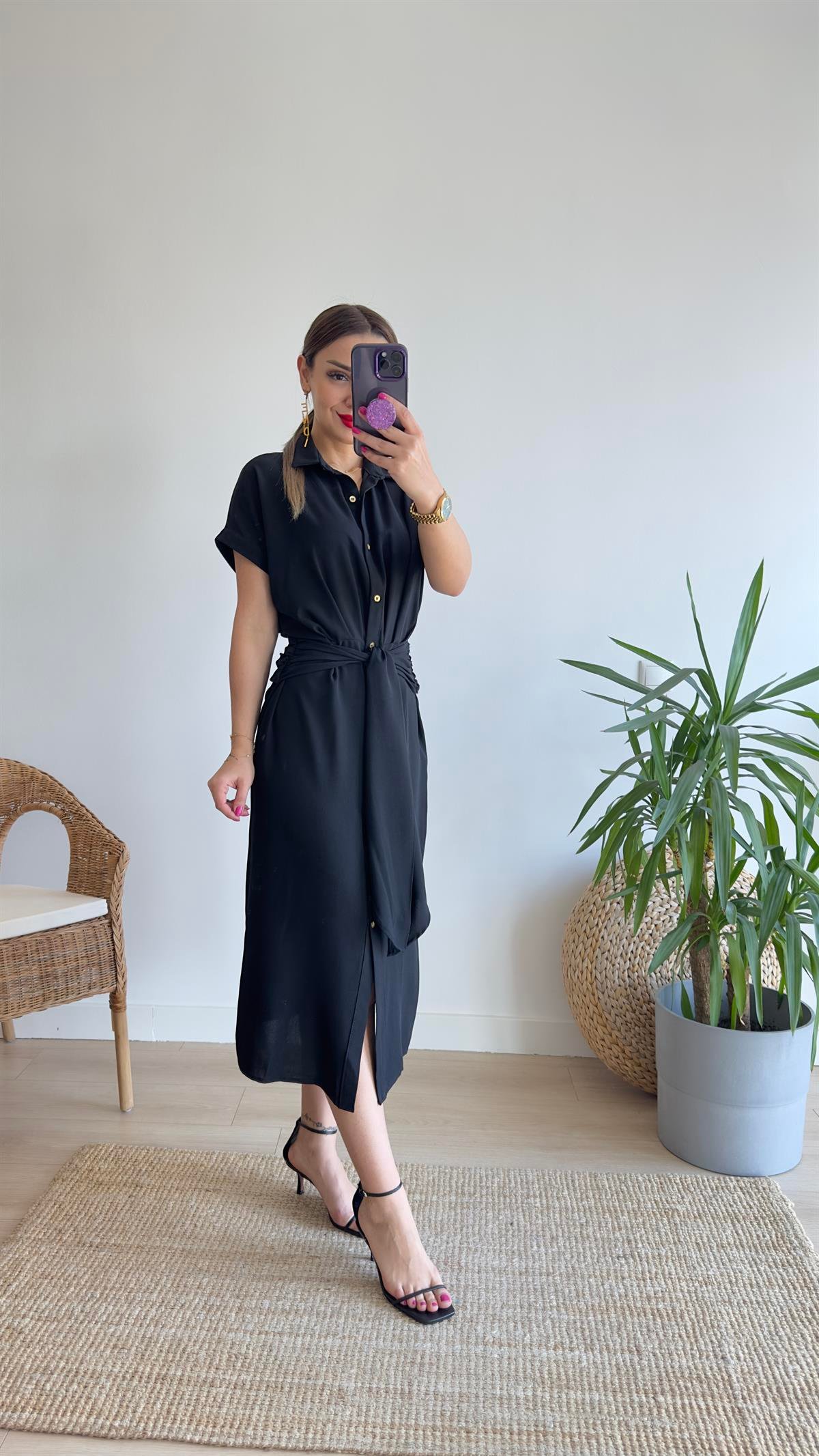 Agron Zra Model Kuşaklı Siyah Elbise