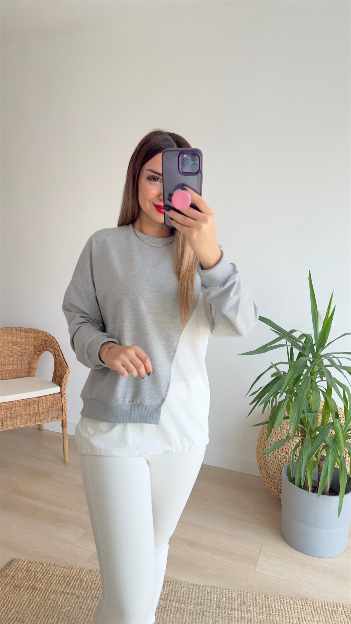 Poplin Detaylı Gri Sweat