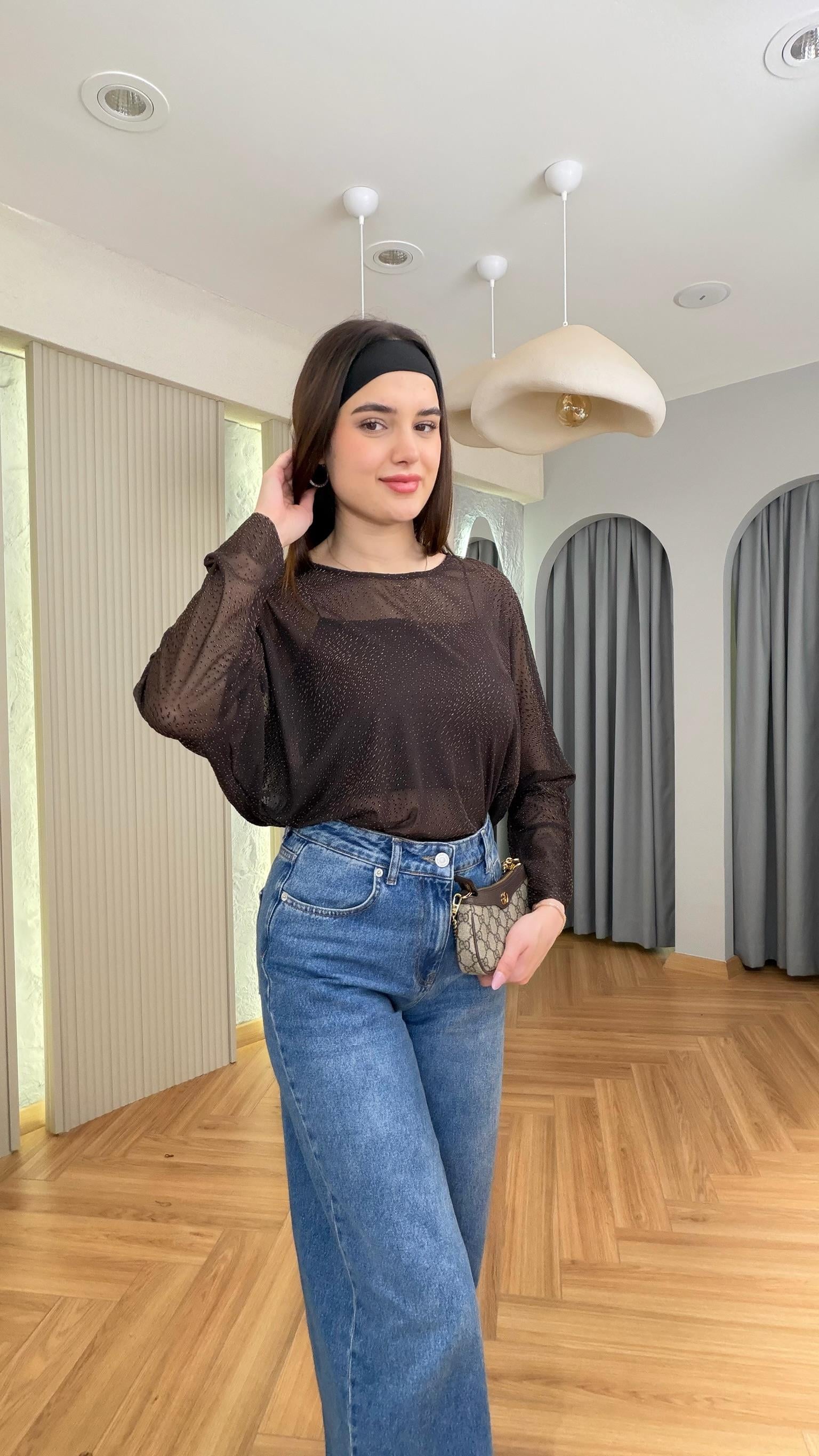 Kahve Bisiklet Yaka Simli Tül Bluz