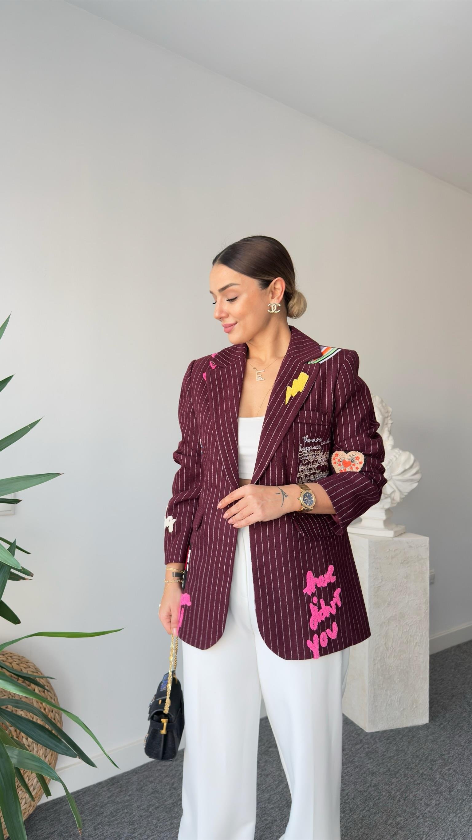 Bordo Jovena Nakış Detaylı Tasarım Kaşe Blazer