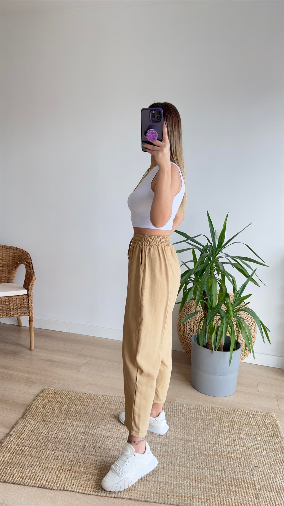 Beli Lastikli Camel Şalvar Pantolon