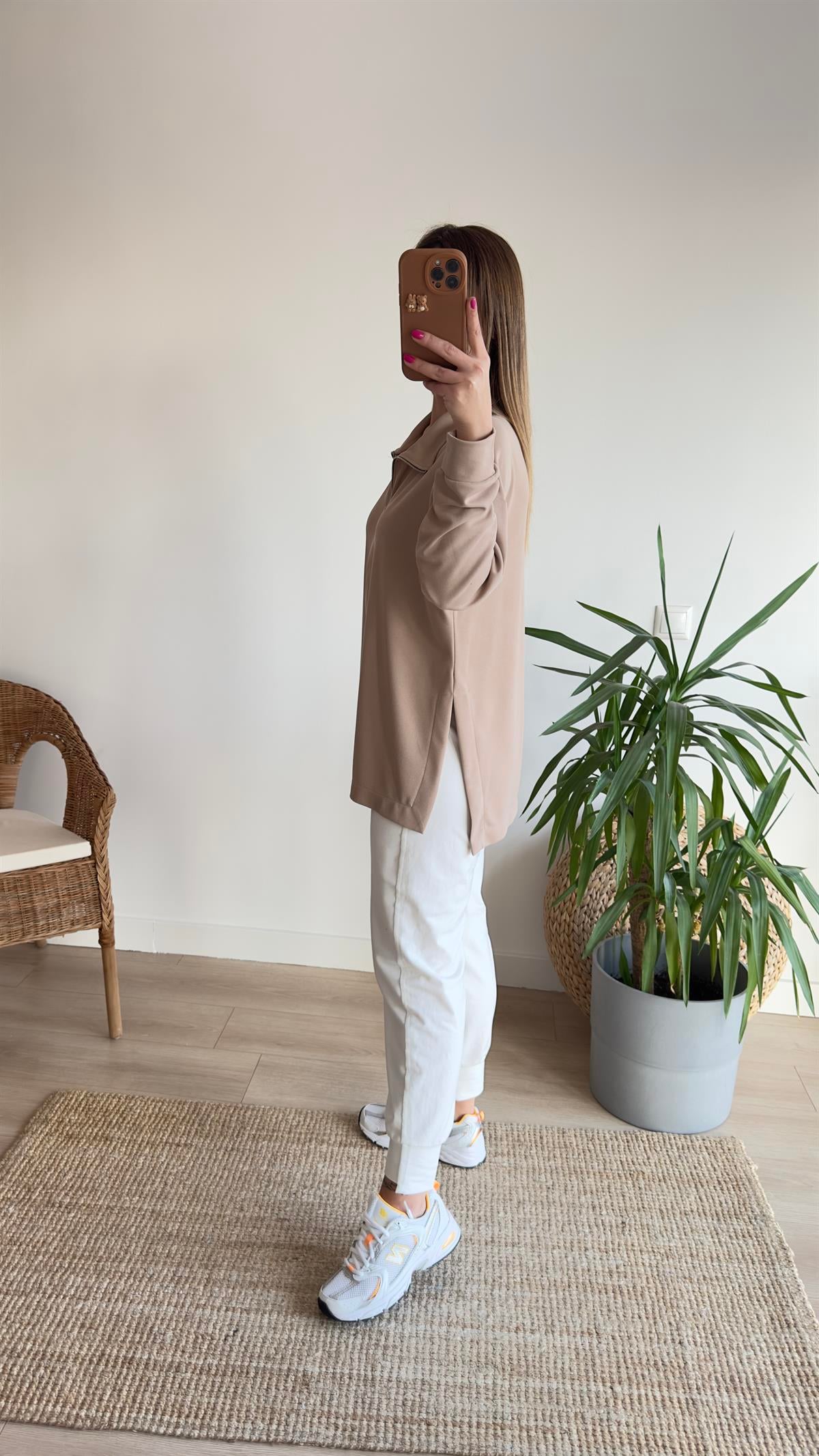 Bej Fermuarlı Mevsimlik Modal Sweat