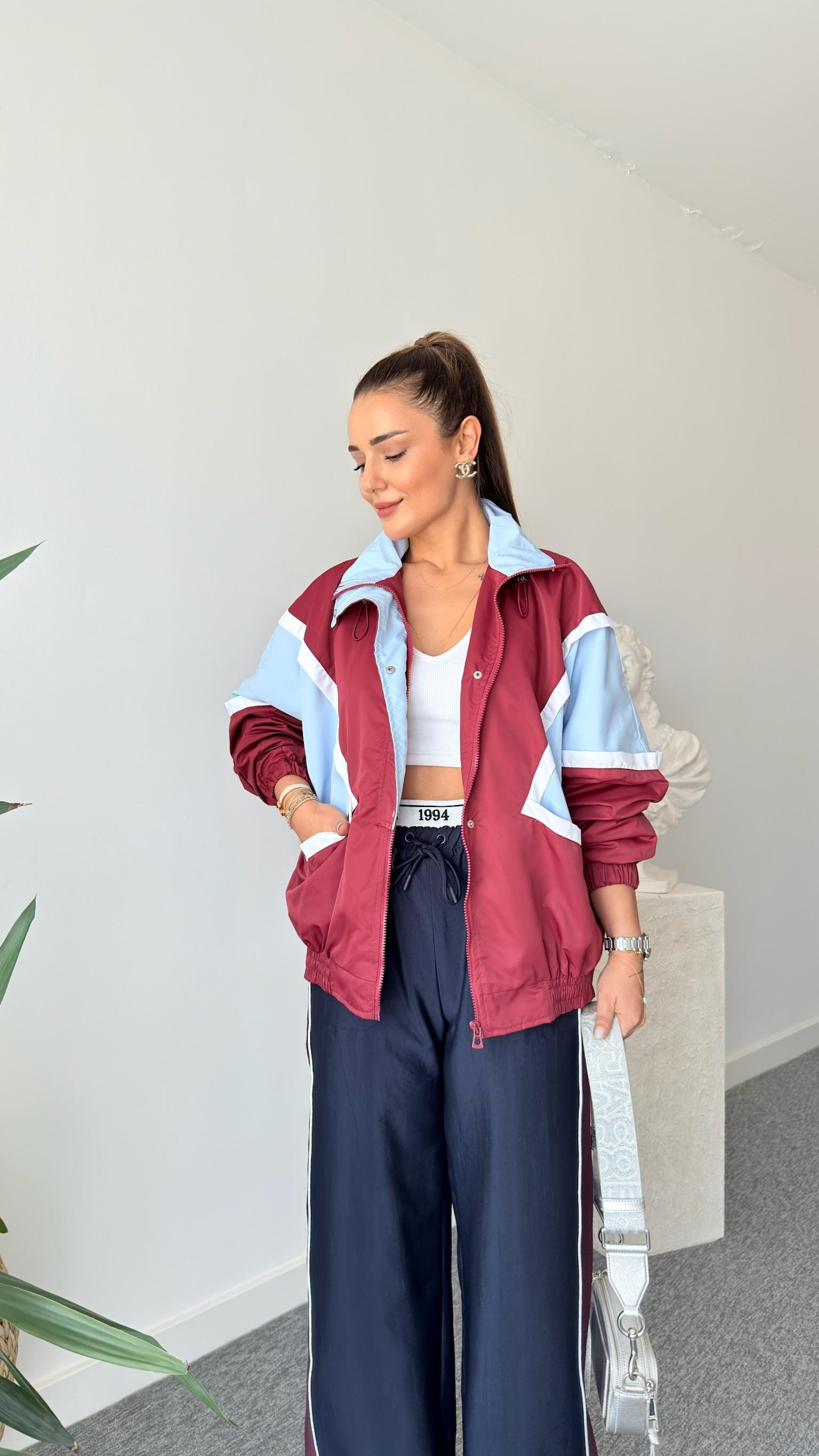 Bordo Ceare Blok Renkli Oversize Ceket