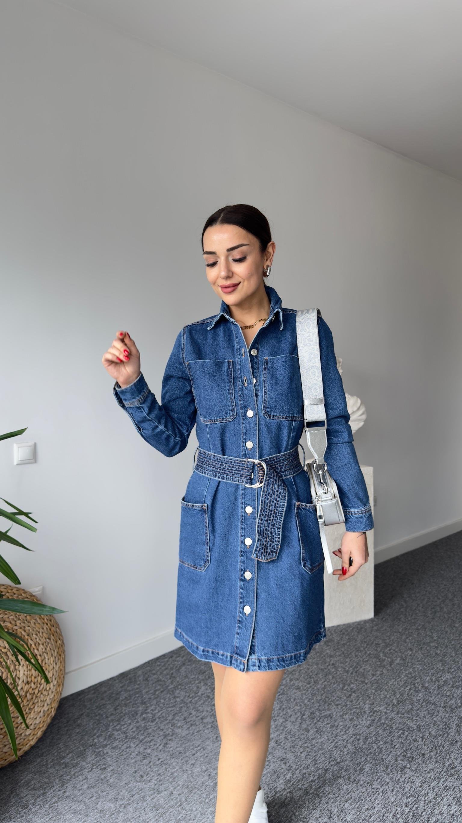 Orj Marka Alpa Kemerli Denim Elbise 