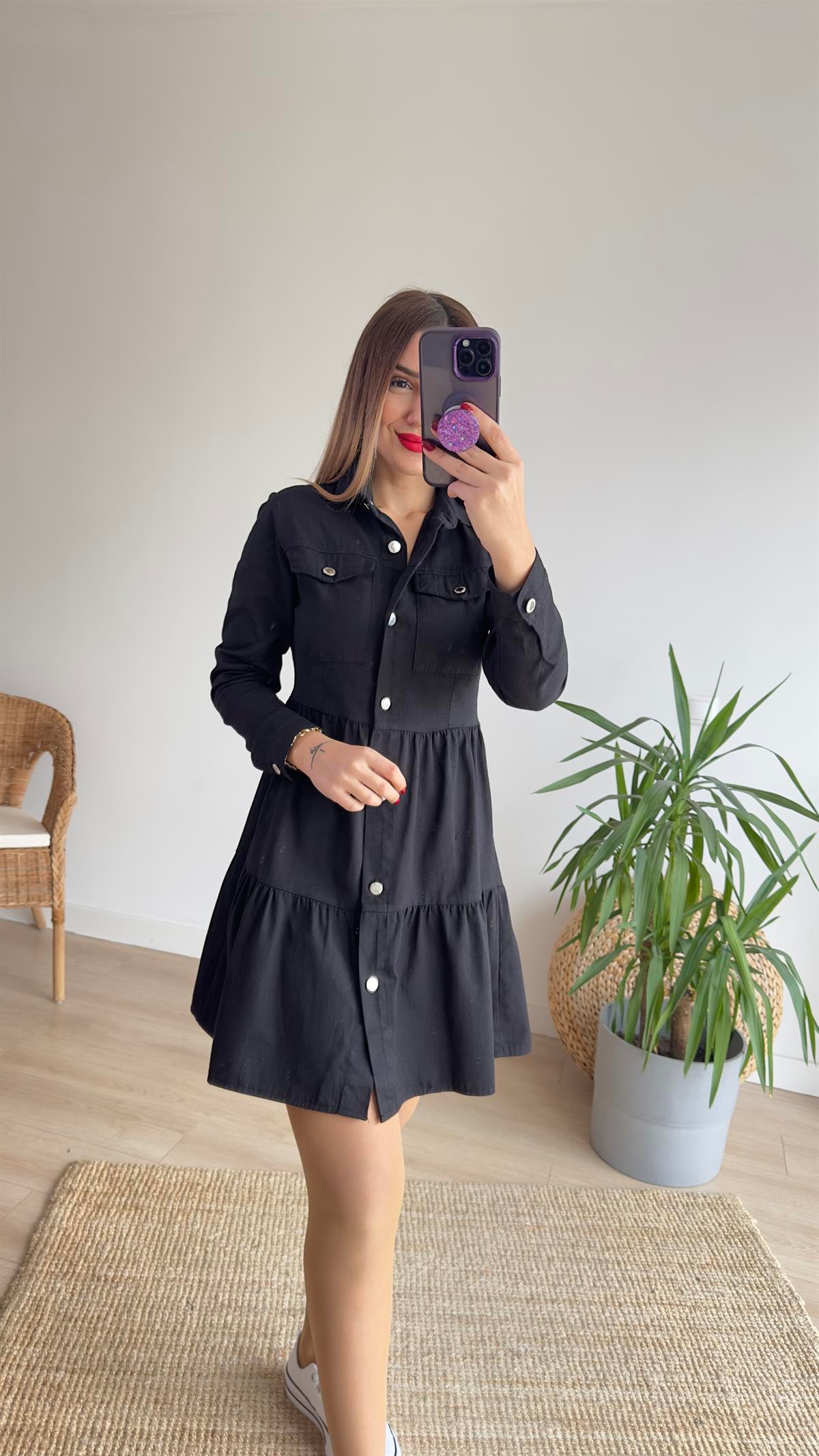 Volanlı Siyah Denim Elbise 