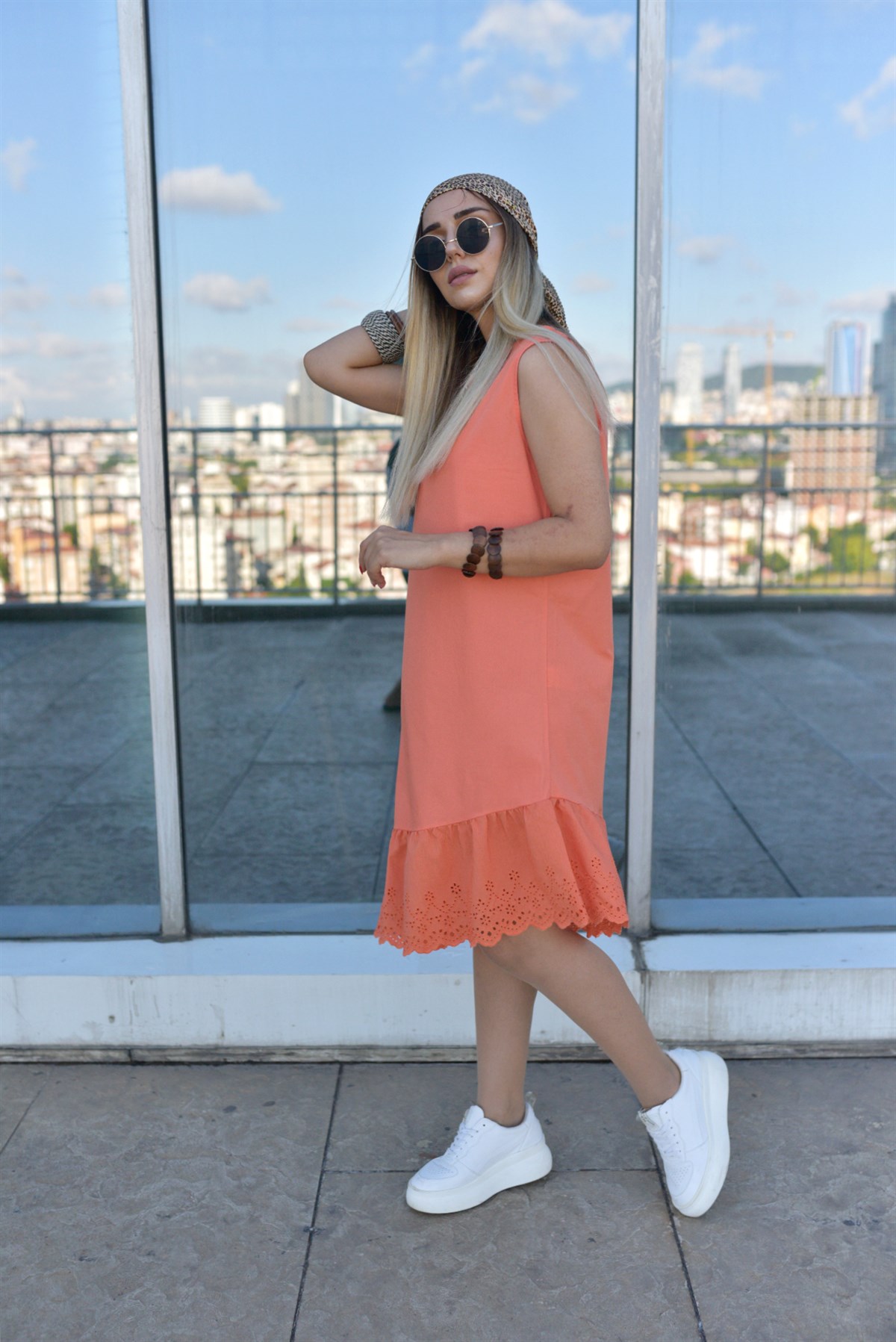 Etek Ucu Fisto Turuncu Elbise