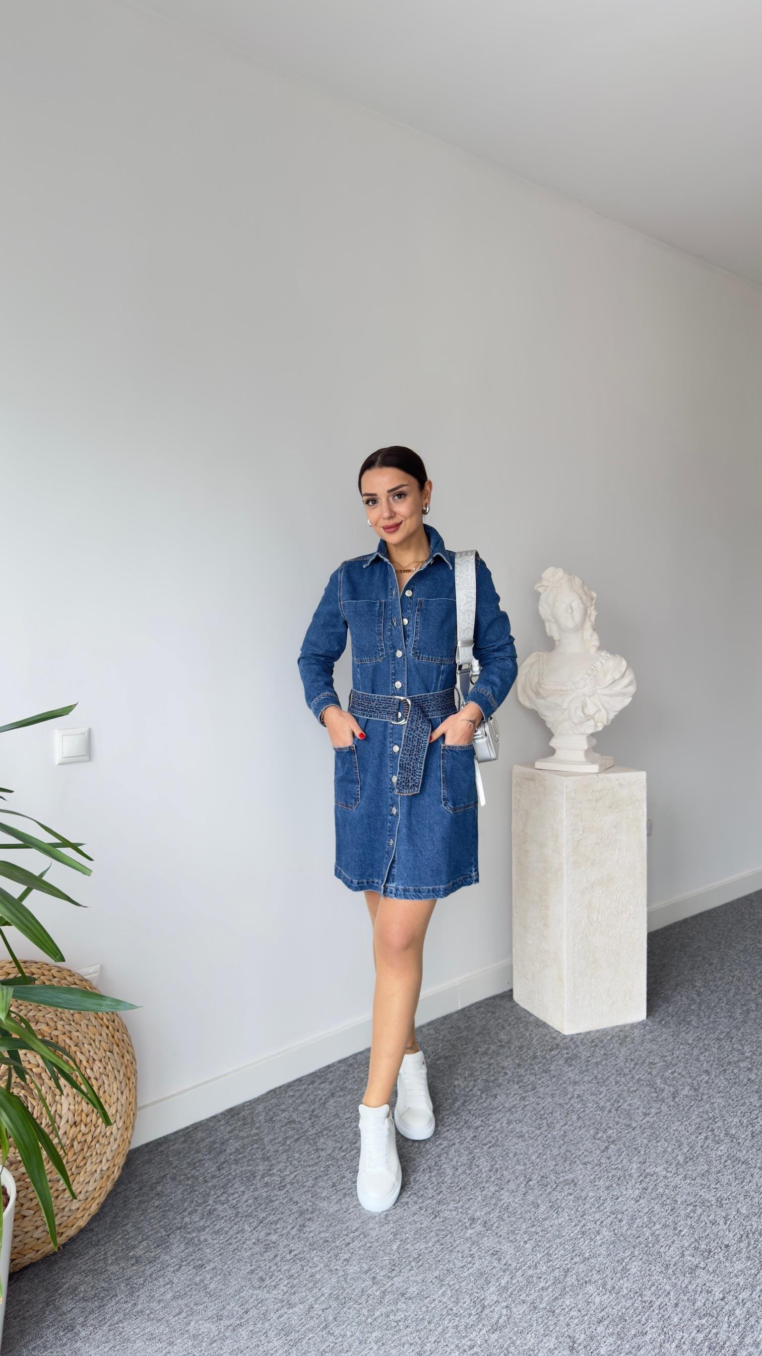 Orj Marka Alpa Kemerli Denim Elbise 