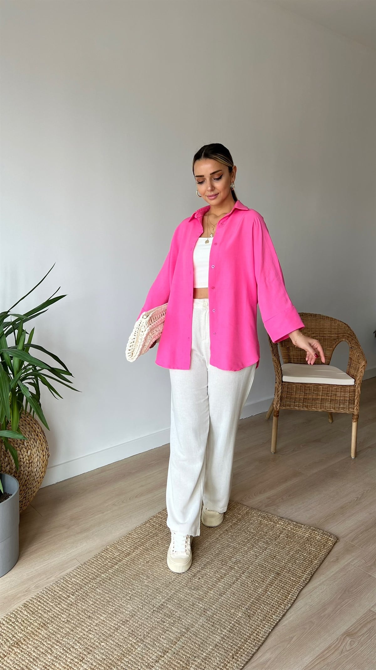 Oversize Pembe Pamuklu Gömlek