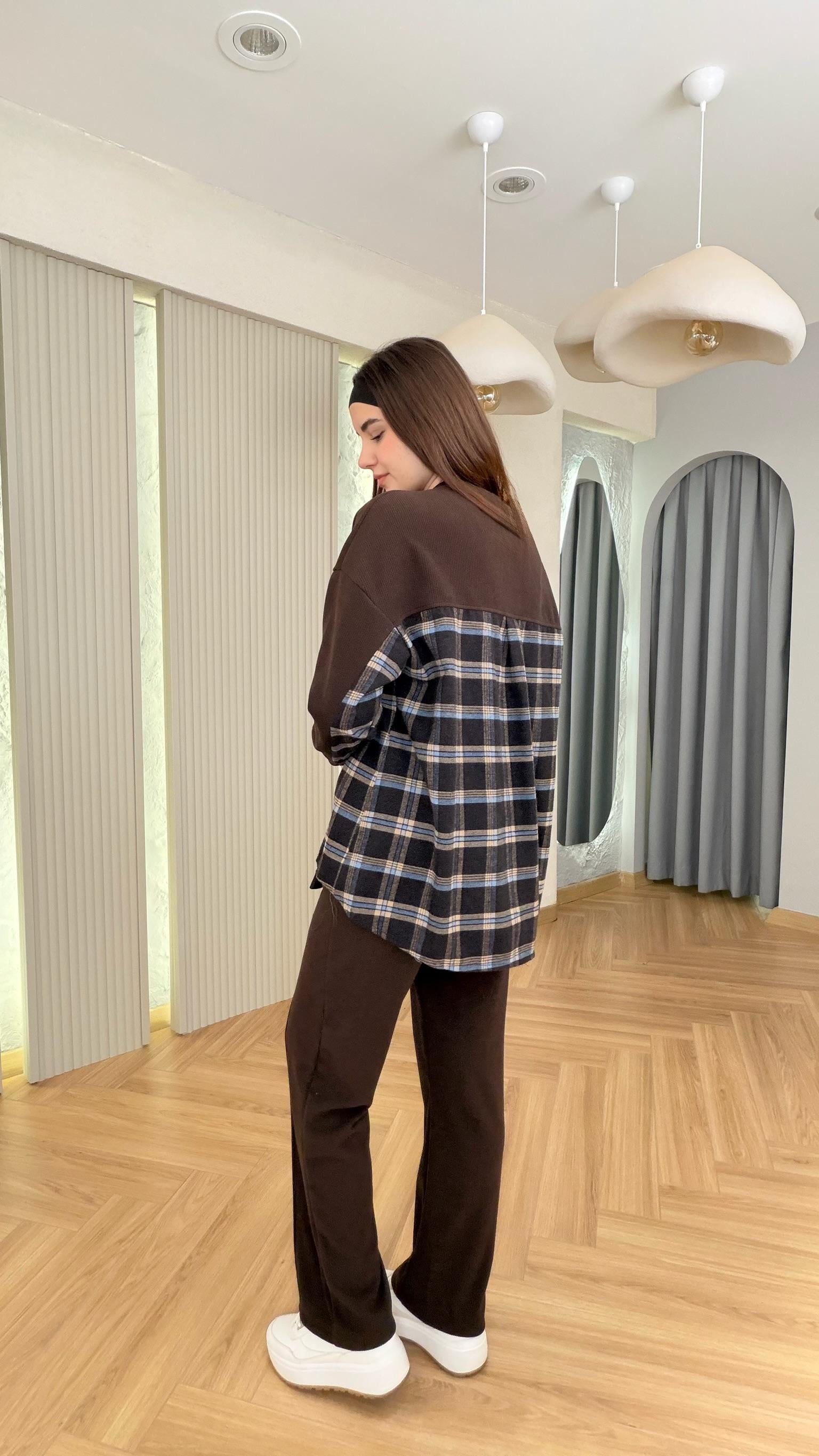 Kahve Lapel Ekose Garnili Selanik Takım