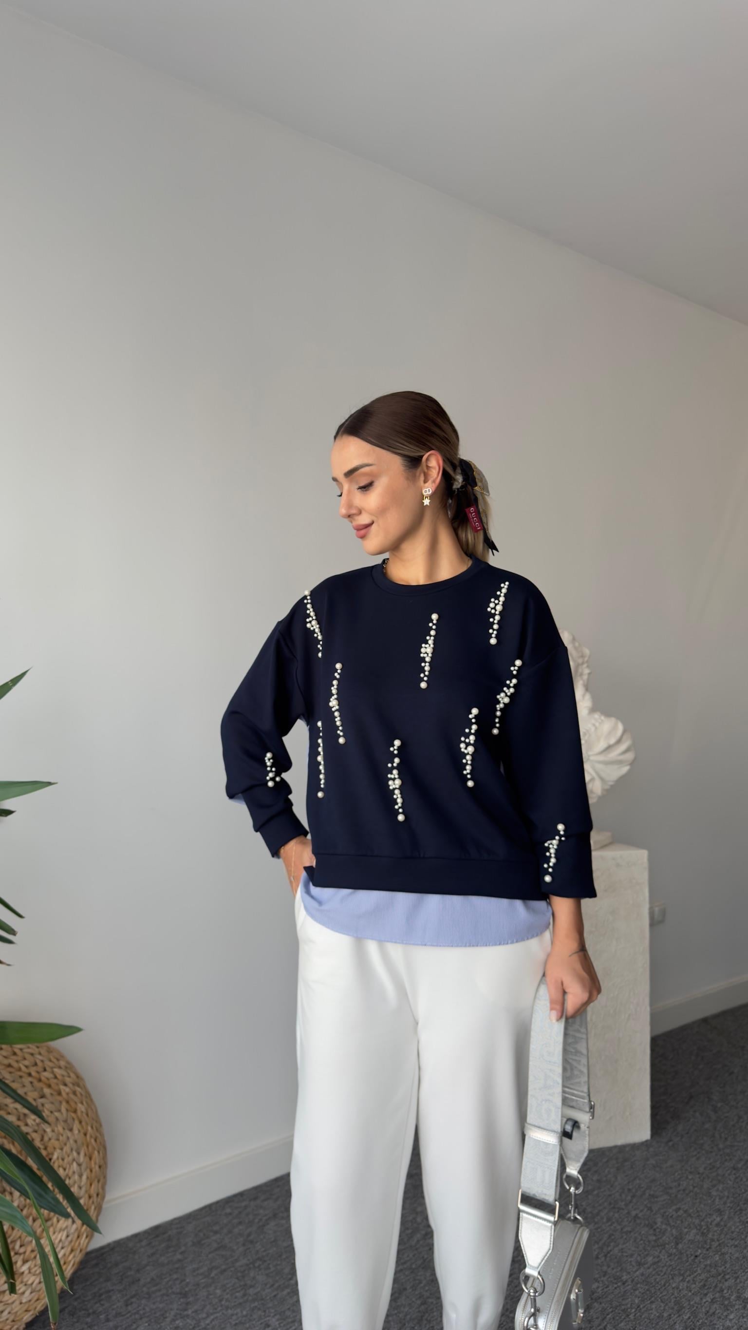 İnci Detaylı Sırt Poplin Lacivert Modal Sweat