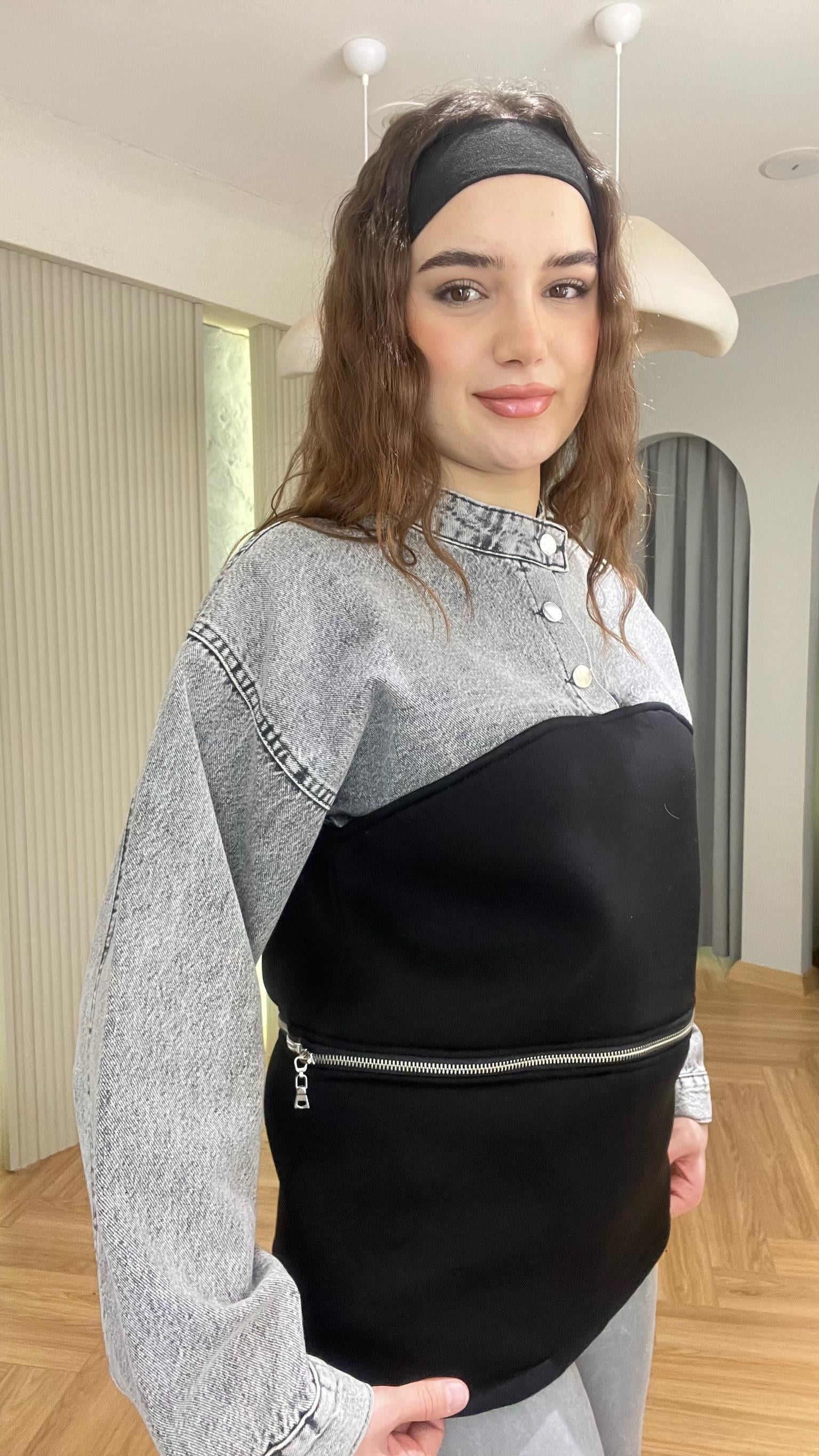 Gri Kot Garnili Fermuarlı Sweat