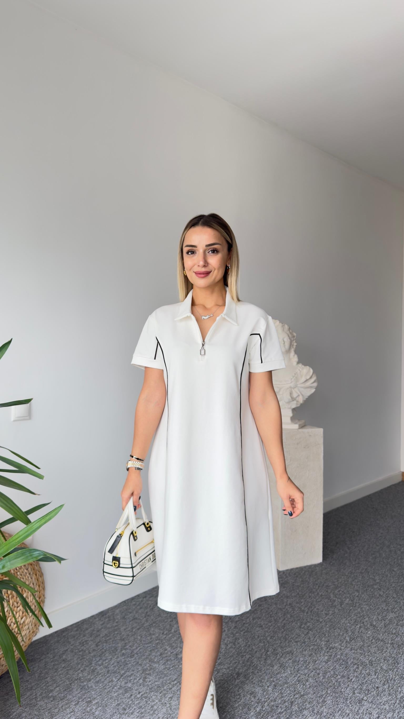 Çapraz Biyeli Beyaz İki İplik Elbise