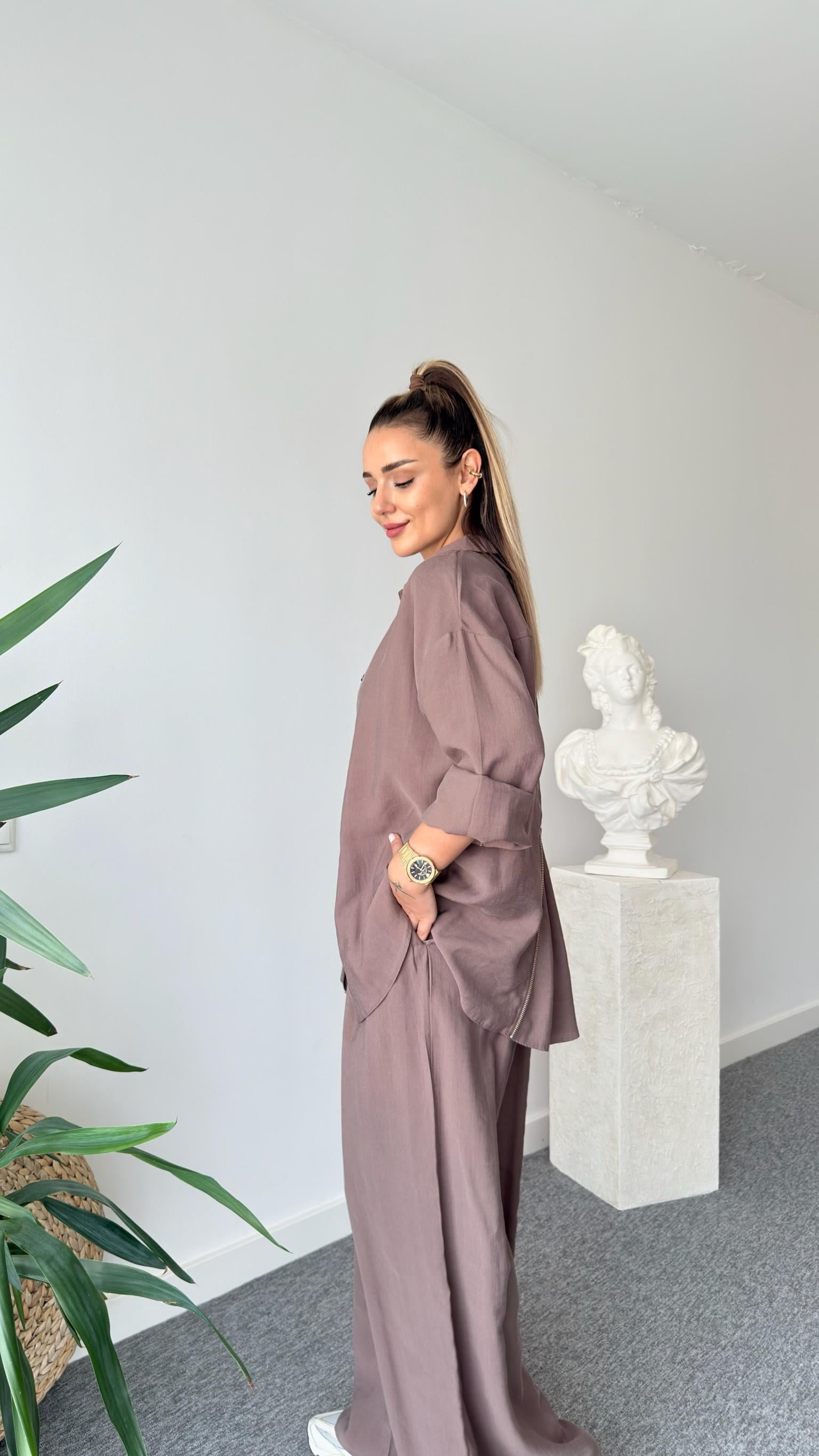 Kahve Mavir Fermuar Detaylı Tensel Takım