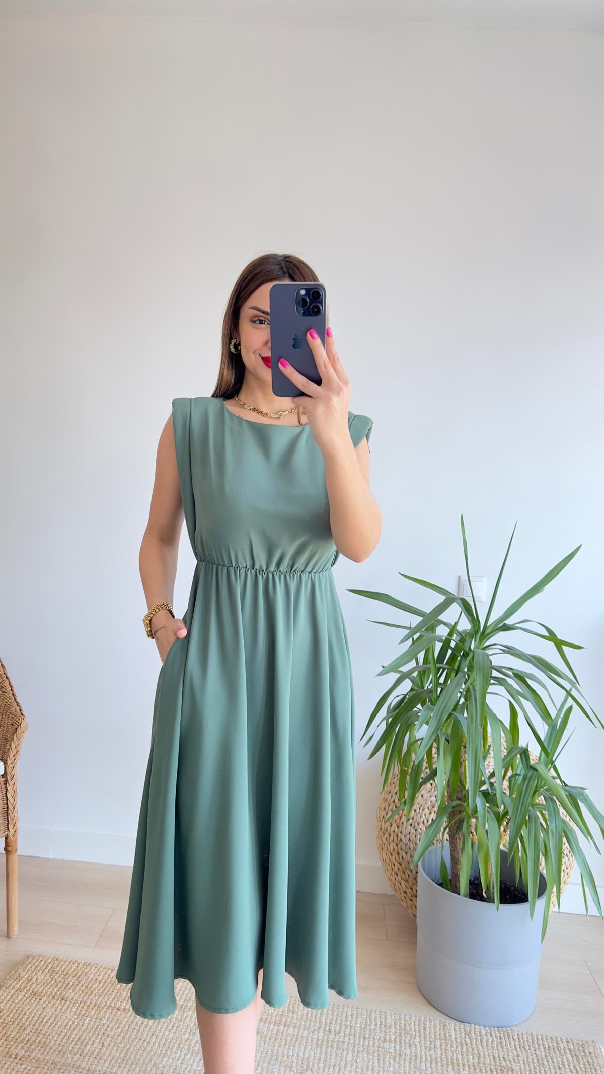 Beli Lastikli Vatkalı Haki Basic Elbise 