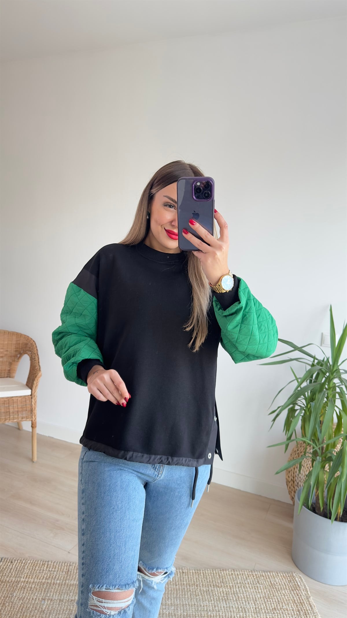  Kolları Yeşil Kapitone Tasarım Sweat 