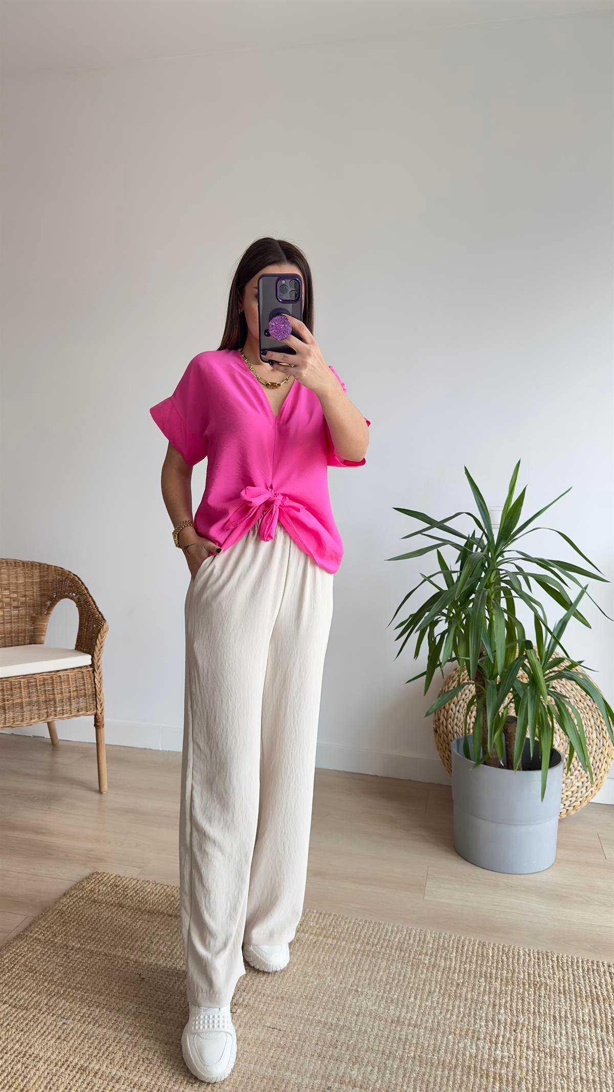 Önü Bağlamalı Pembe Bluz