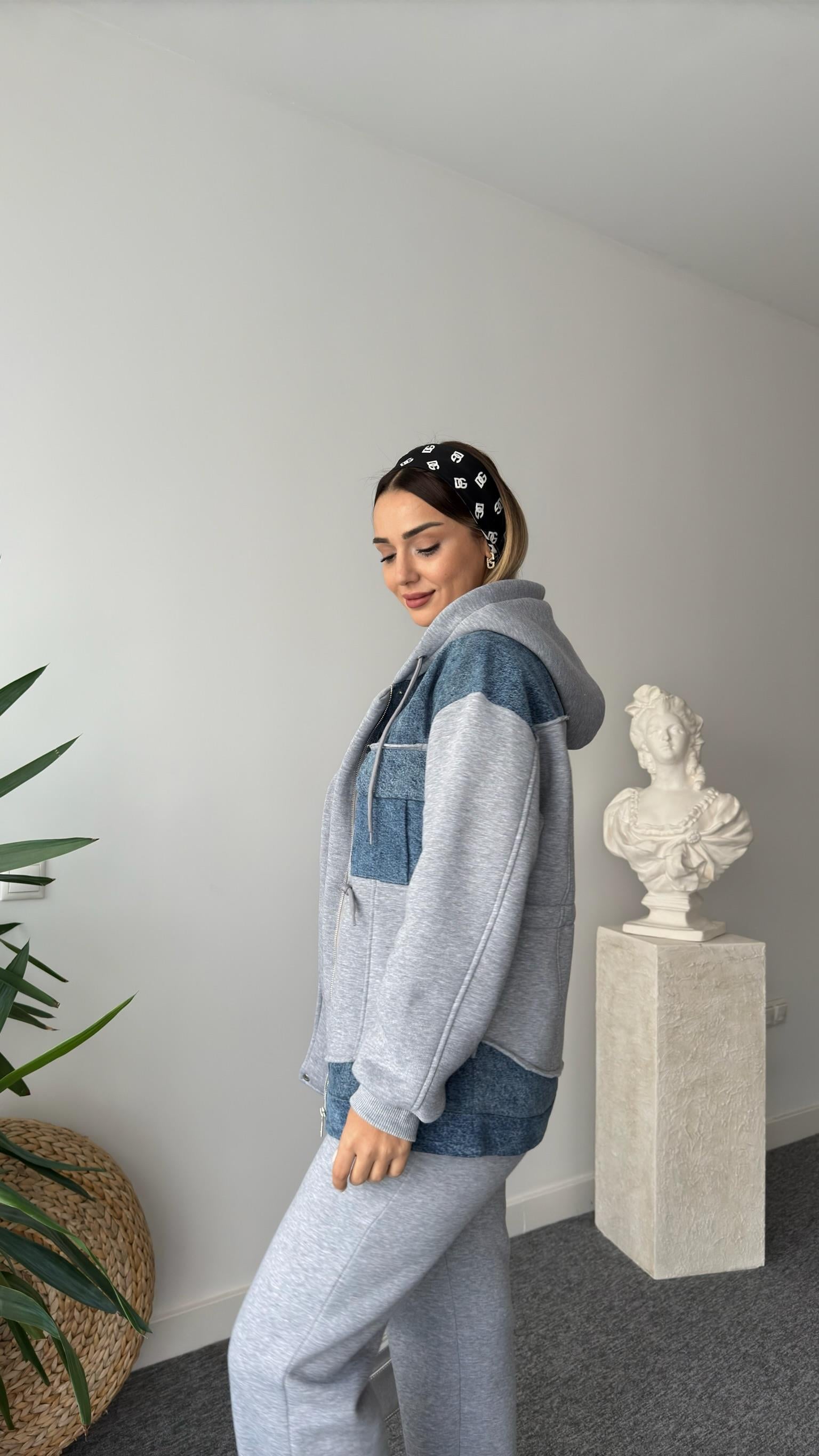 Mers Kot Garnili Şardonlu Gri Eşofman Takımı