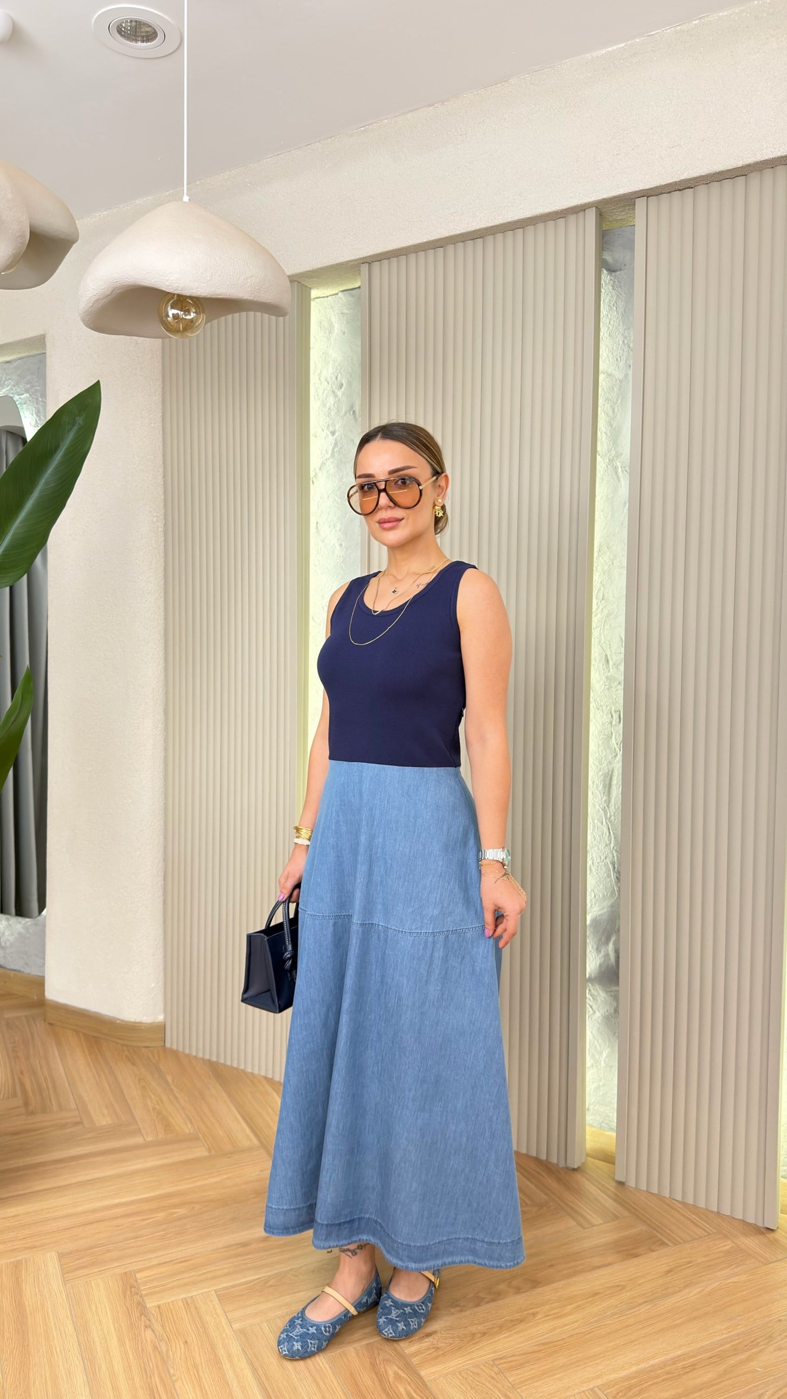 Lacivert Triko Denim Mix Tensel Elbise 