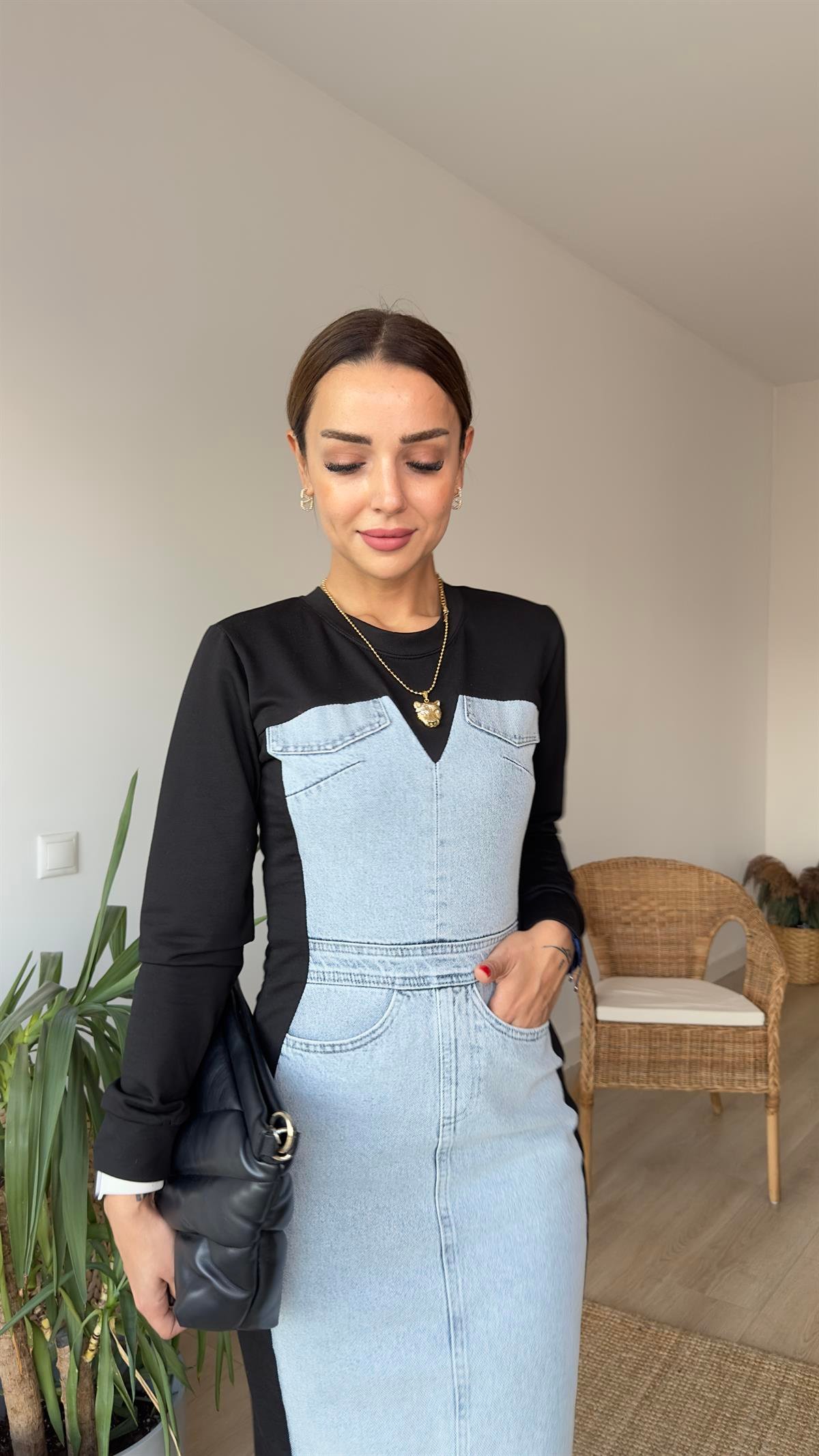 Orj Model Uzun Kol Kot Detay Tasarım Elbise
