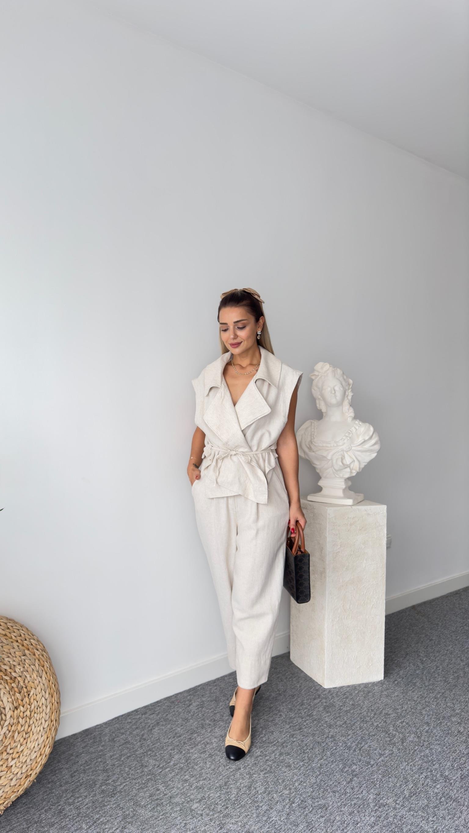 Nadie Yelekli Bej İkili Keten Takım