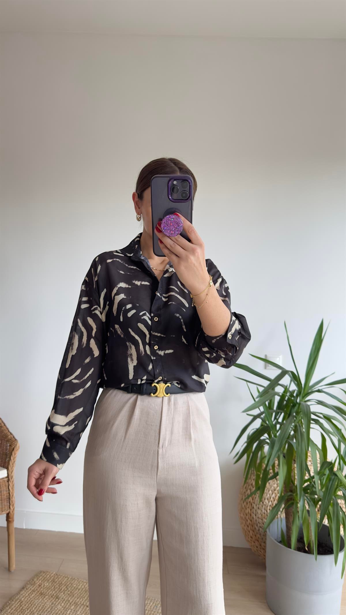 Fiona Desenli Siyah Vual Gömlek