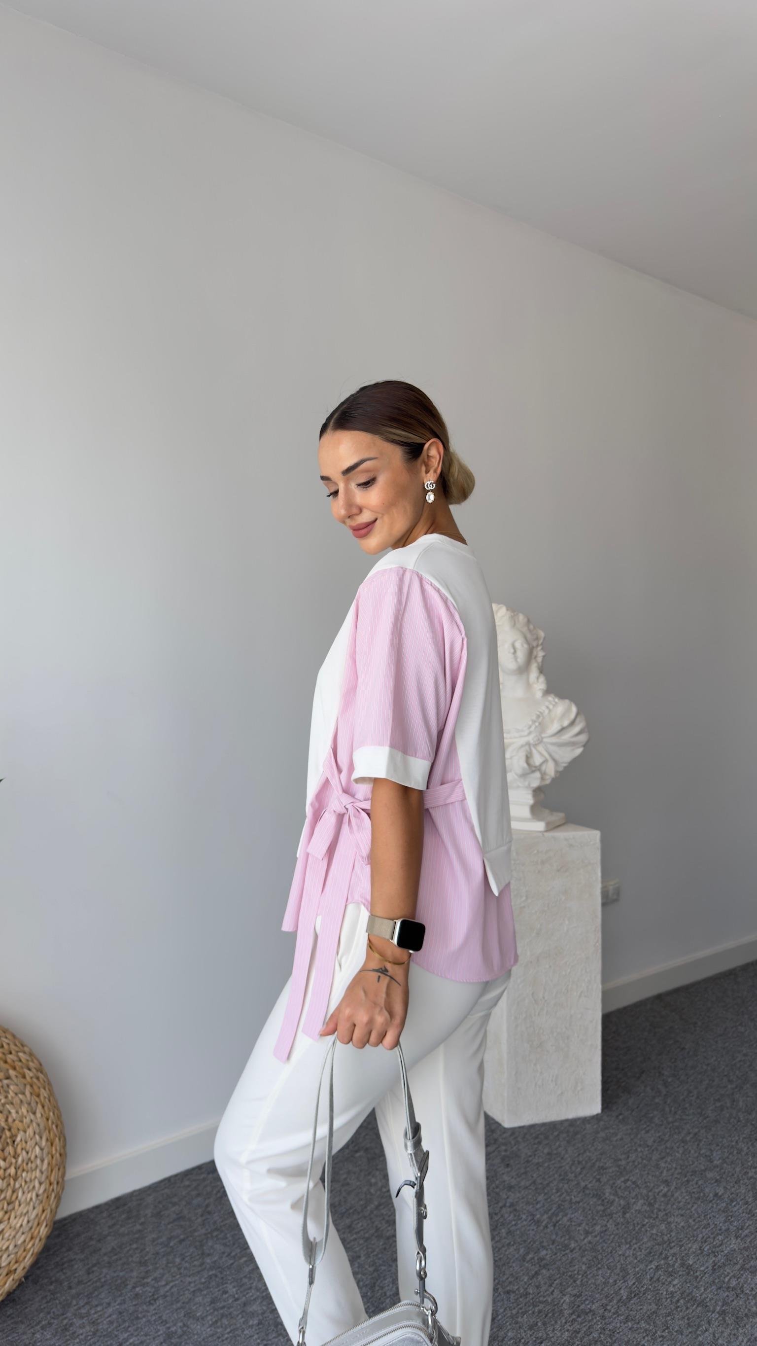 Sei Pembe Yan Bağlamalı Tshirt