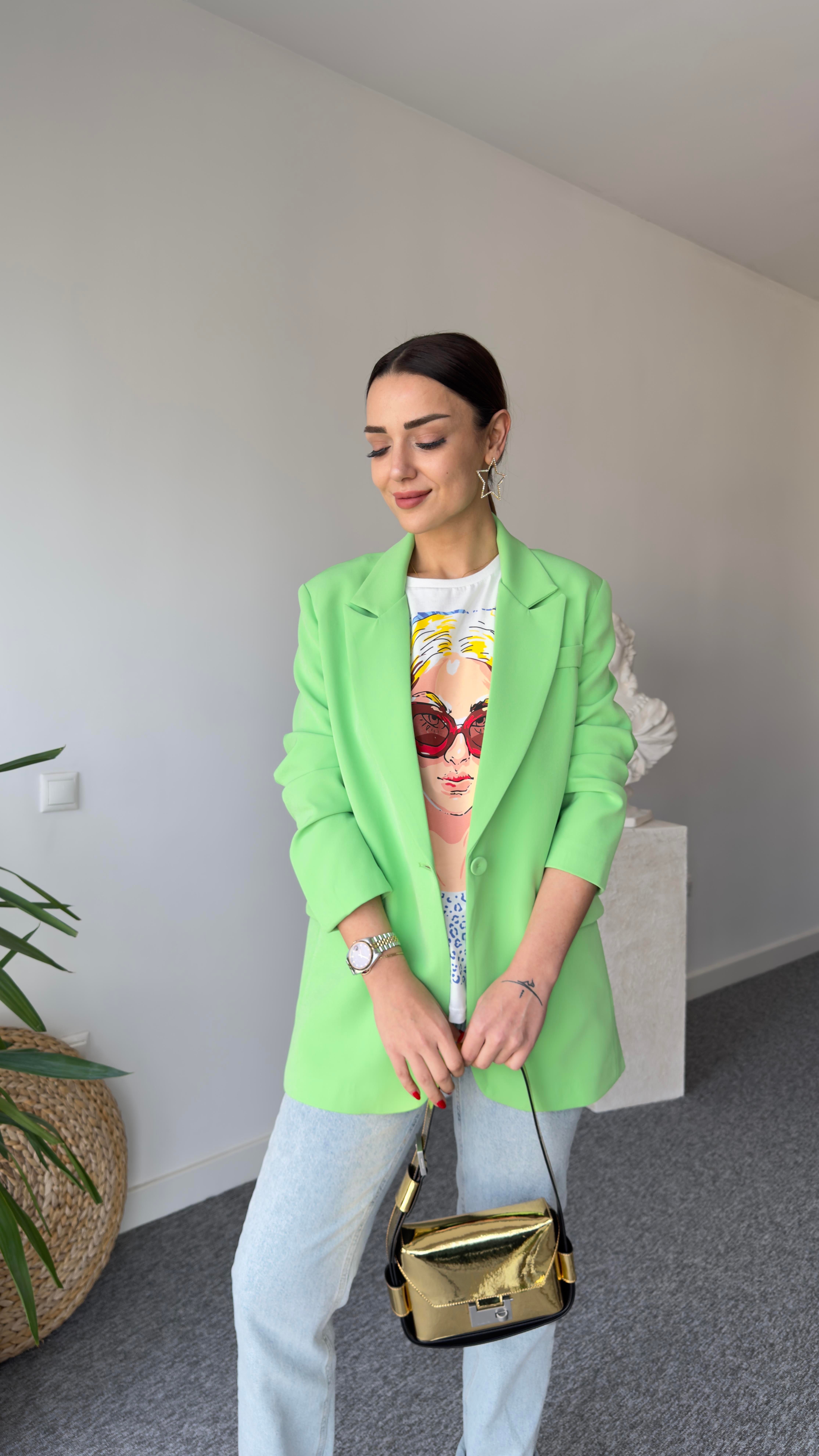 Tek Düğme Yeşil Blazer Ceket