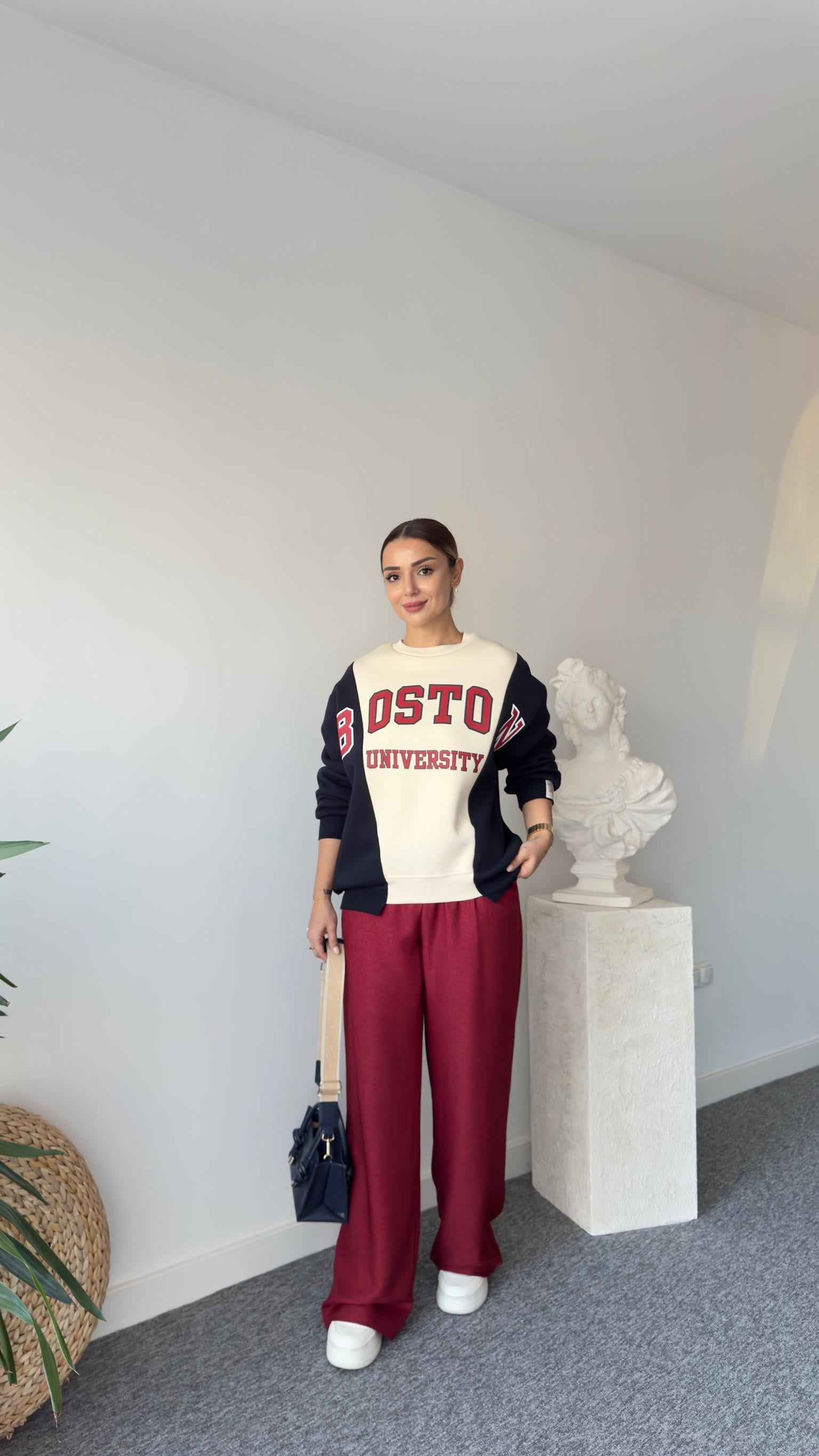 Boston Yazılı Çift Renk Sweatshirt