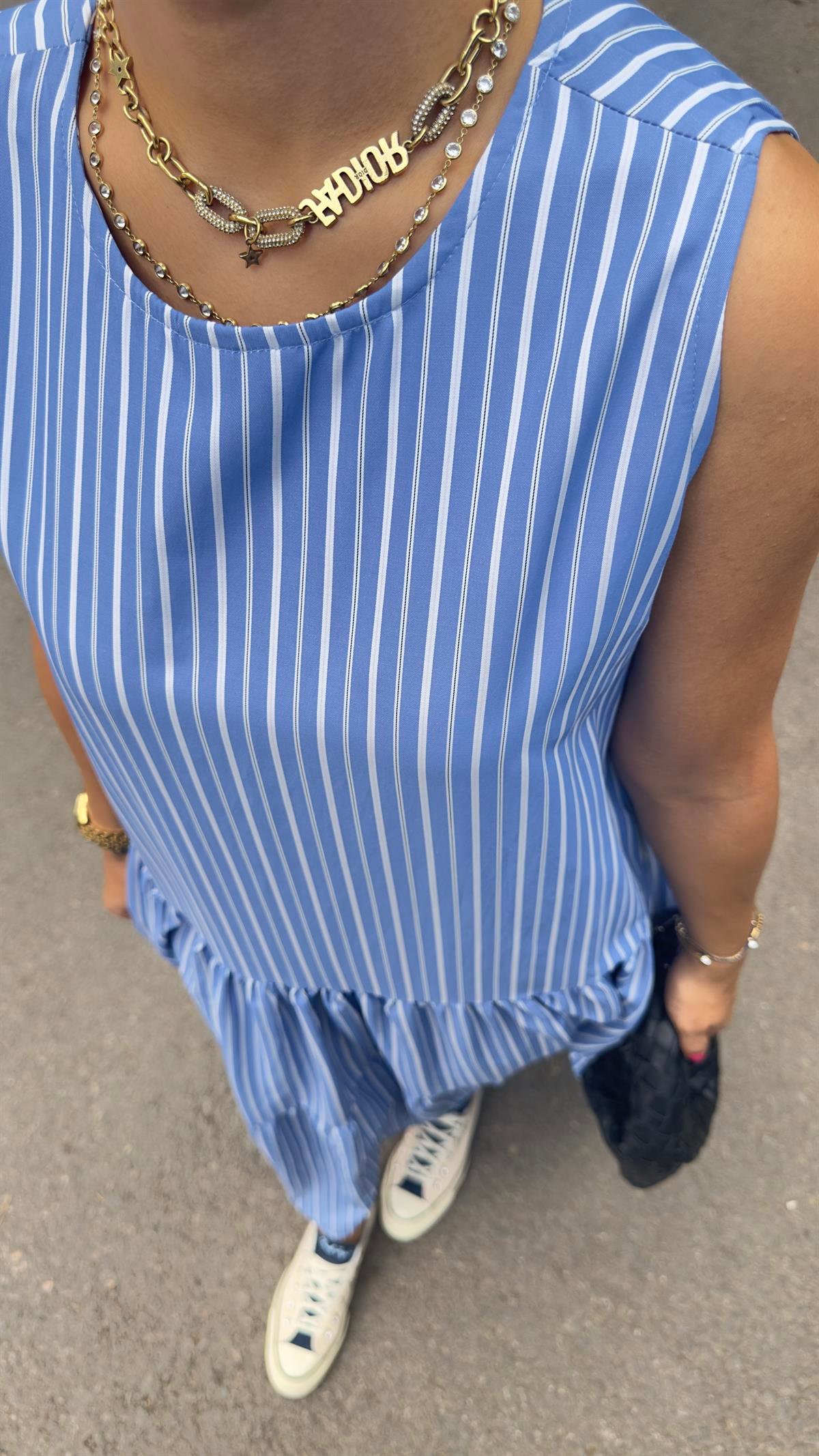 Tiara Çizgili Mavi Poplin Maxi Elbise
