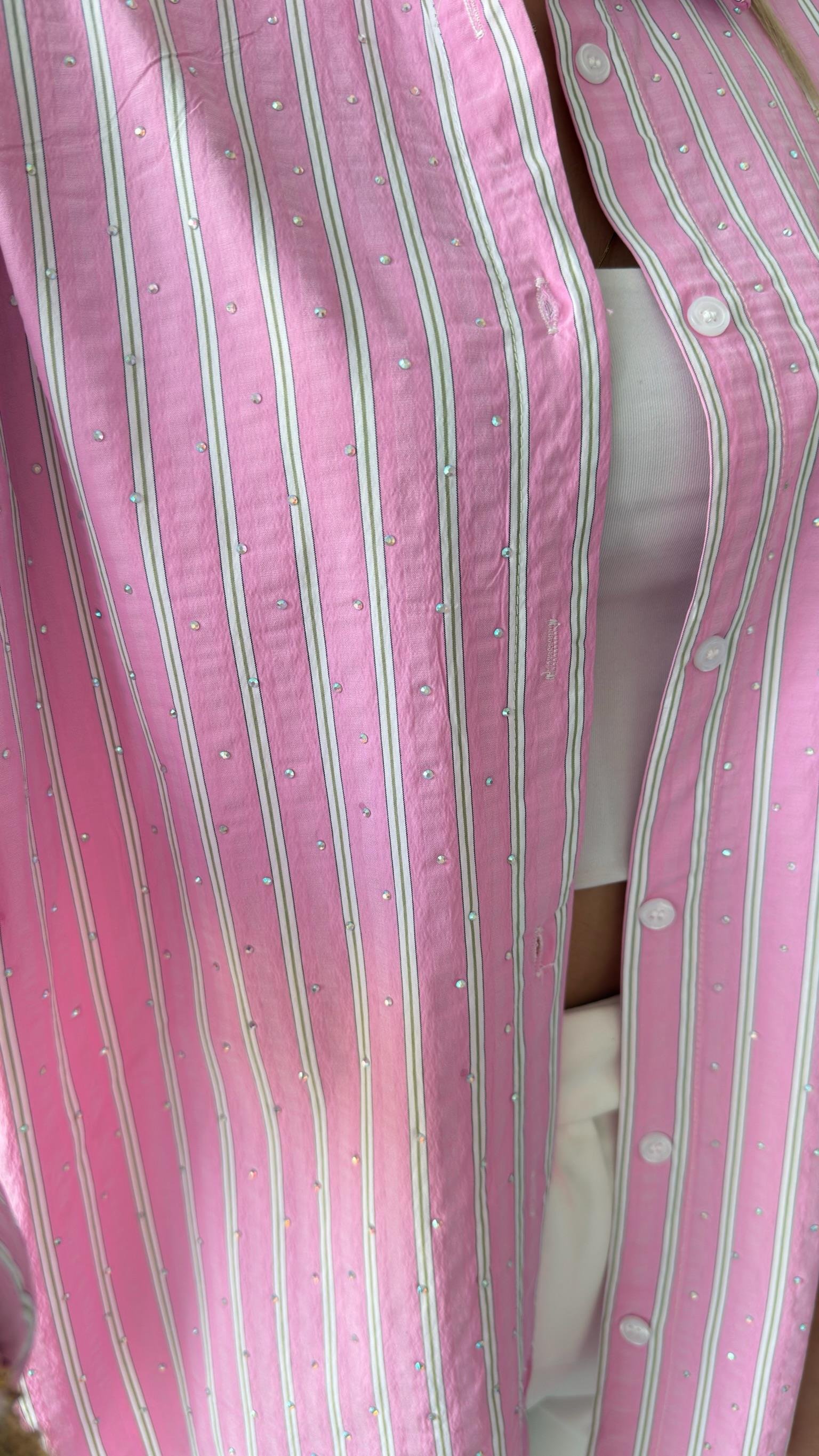 Pembe Dagil Çizgili Taşlı Gömlek