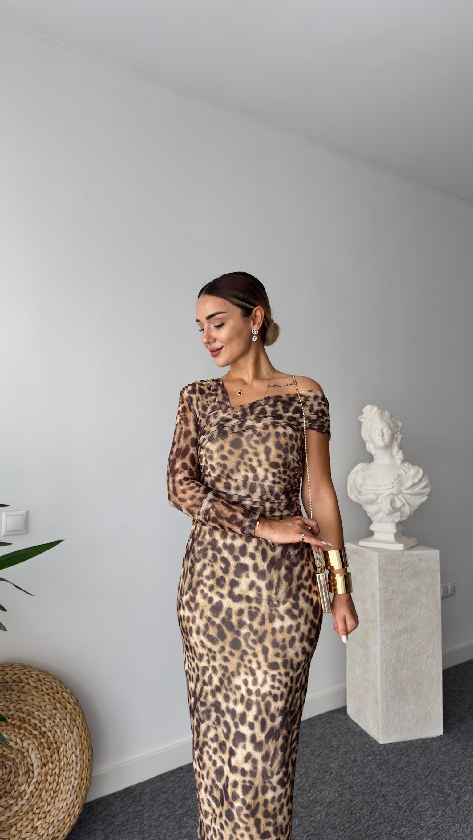 Volare Tek Omuz Leopar Desenli Tül Elbise 