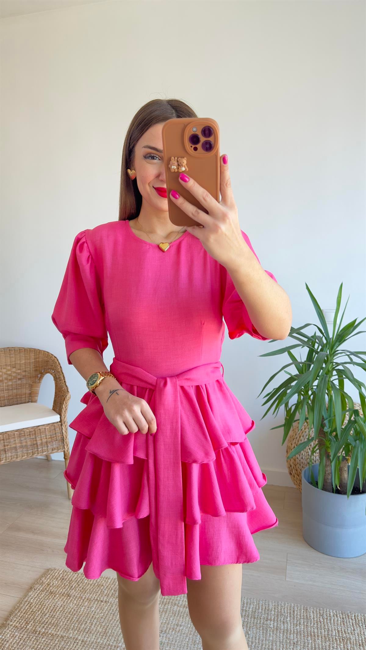 Pembe Katlı Balon Kol Elbise