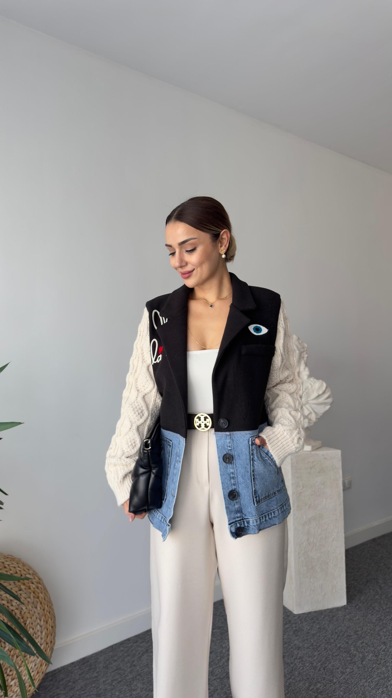 İthal Kollar Triko Detaylı İşlemeli Blazer Ceket