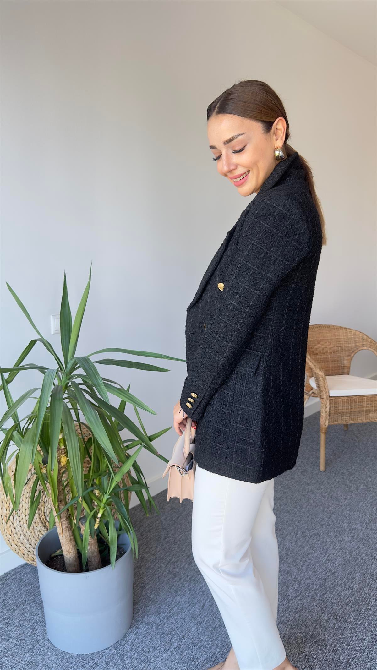 Gold Düğme Siyah Tüvit Blazer Ceket